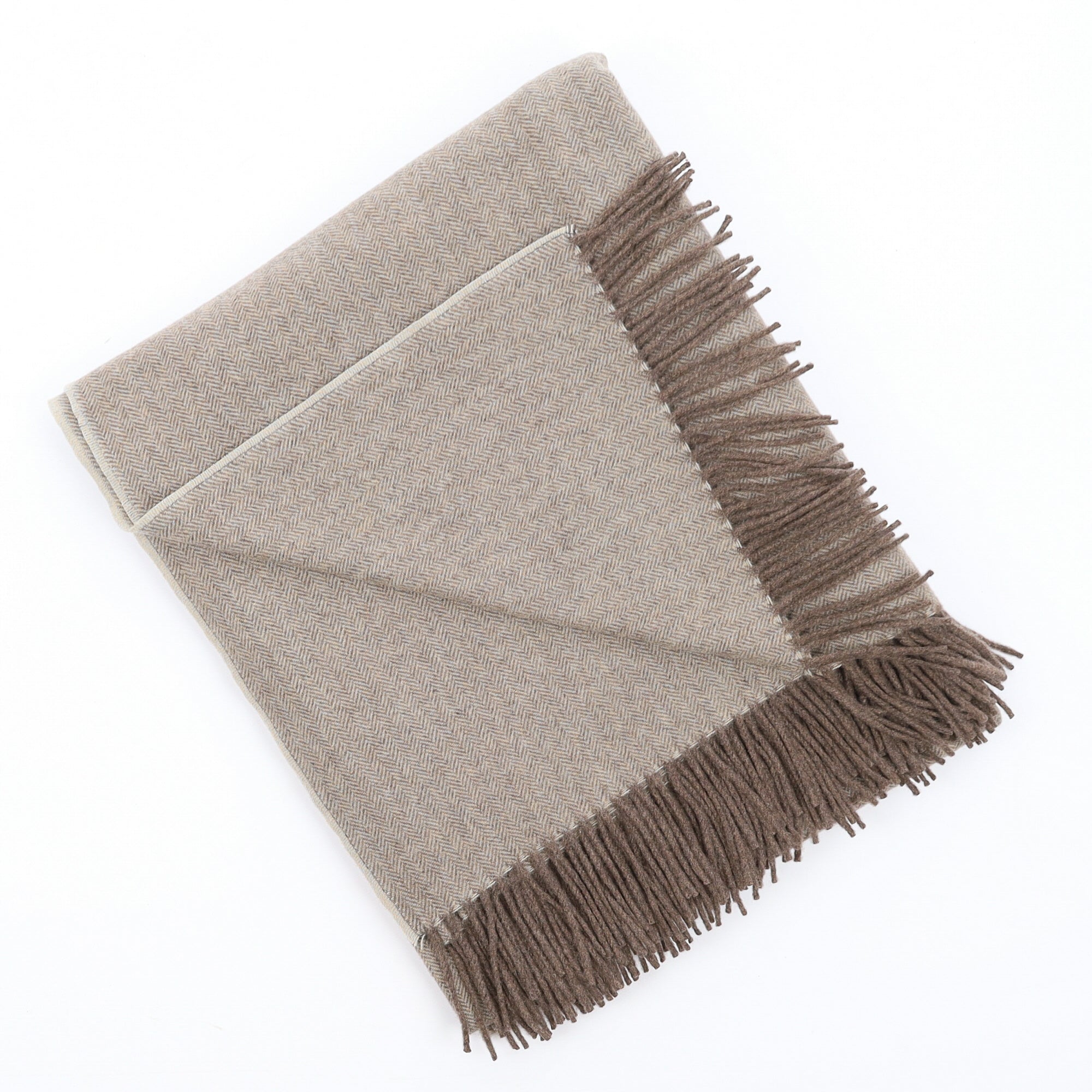 Brand New English Olive Grey Herringbone Luxury Woven Cashmere Blanket
