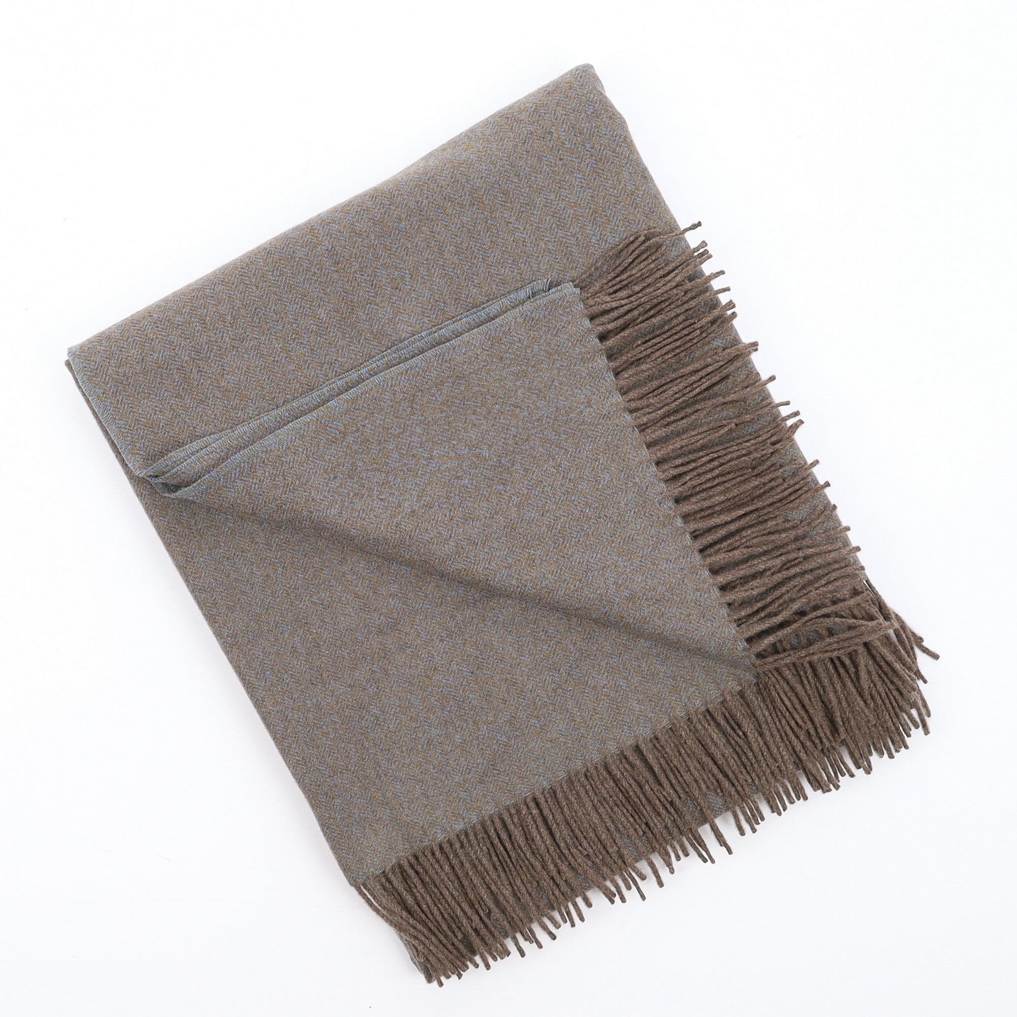 Brand New English Duck Egg and Khaki Herringbone Luxury Woven Cashmere Blanket