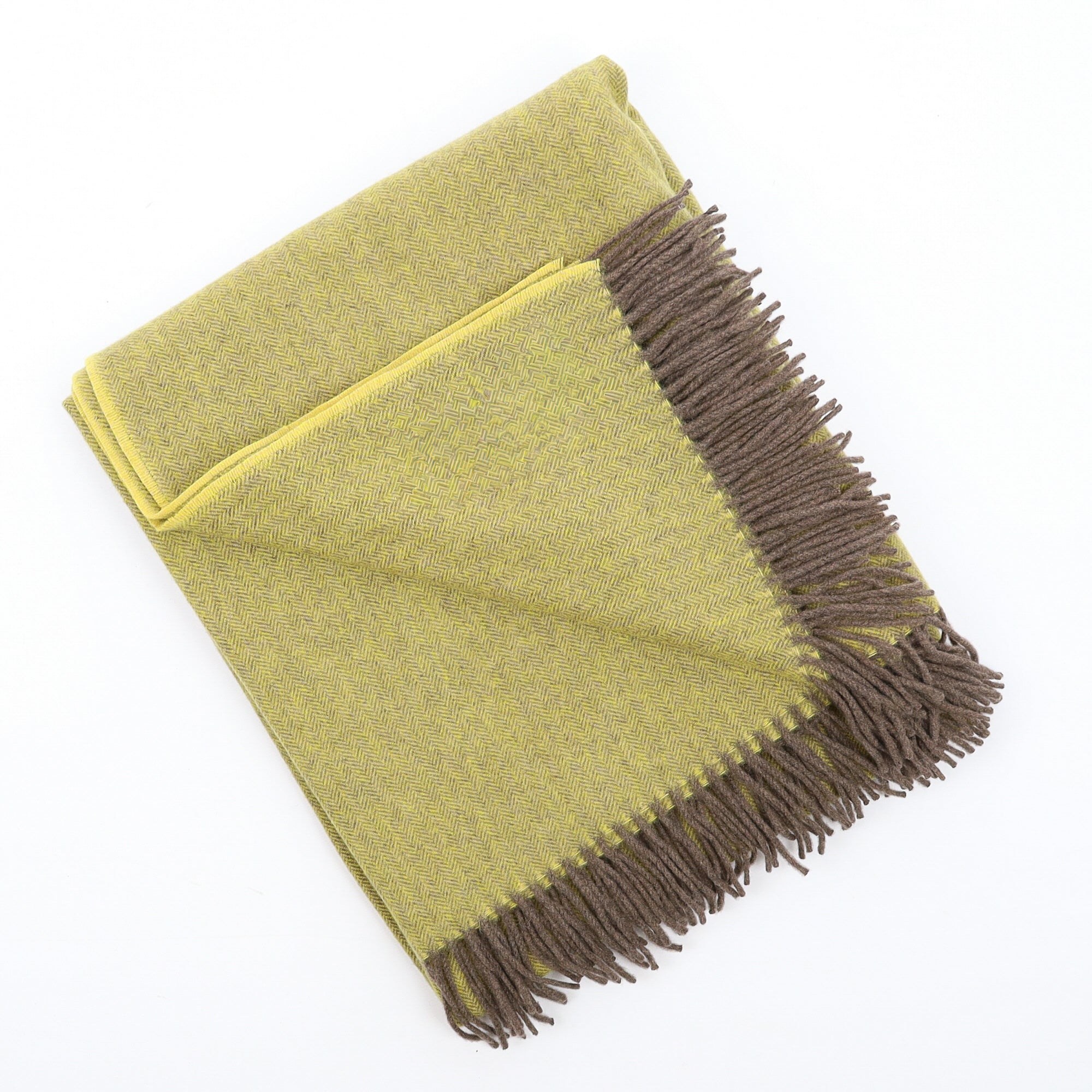 Brand New English Chartreuse and Mocha Herringbone Luxury Woven Cashmere Blanket