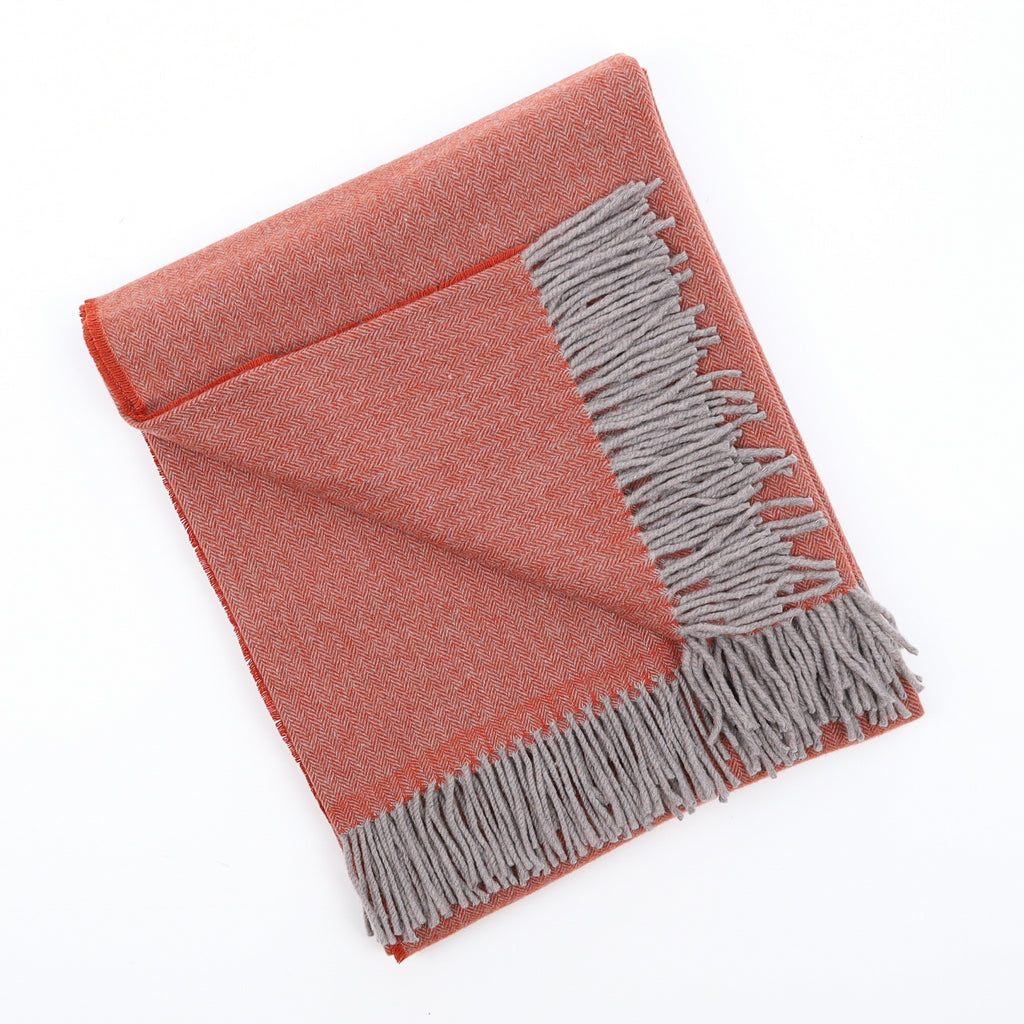 Brand New English Burnt Orange and Grey Herringbone Luxury Woven Cashmere Blanket