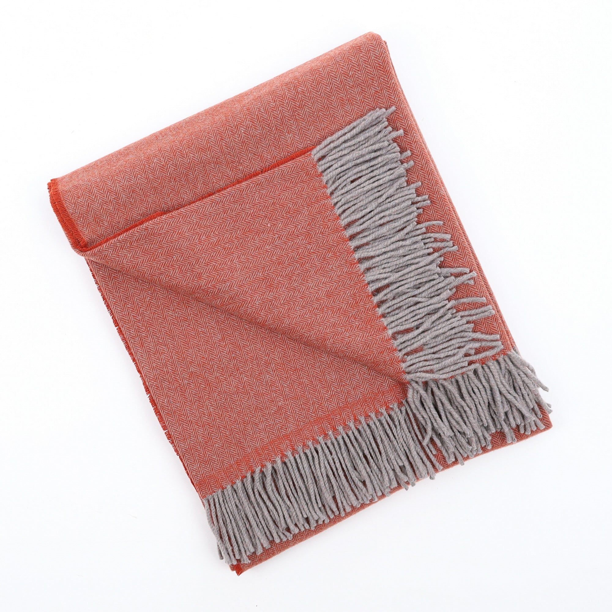 Brand New English Burnt Orange and Grey Herringbone Luxury Woven Cashmere Blanket