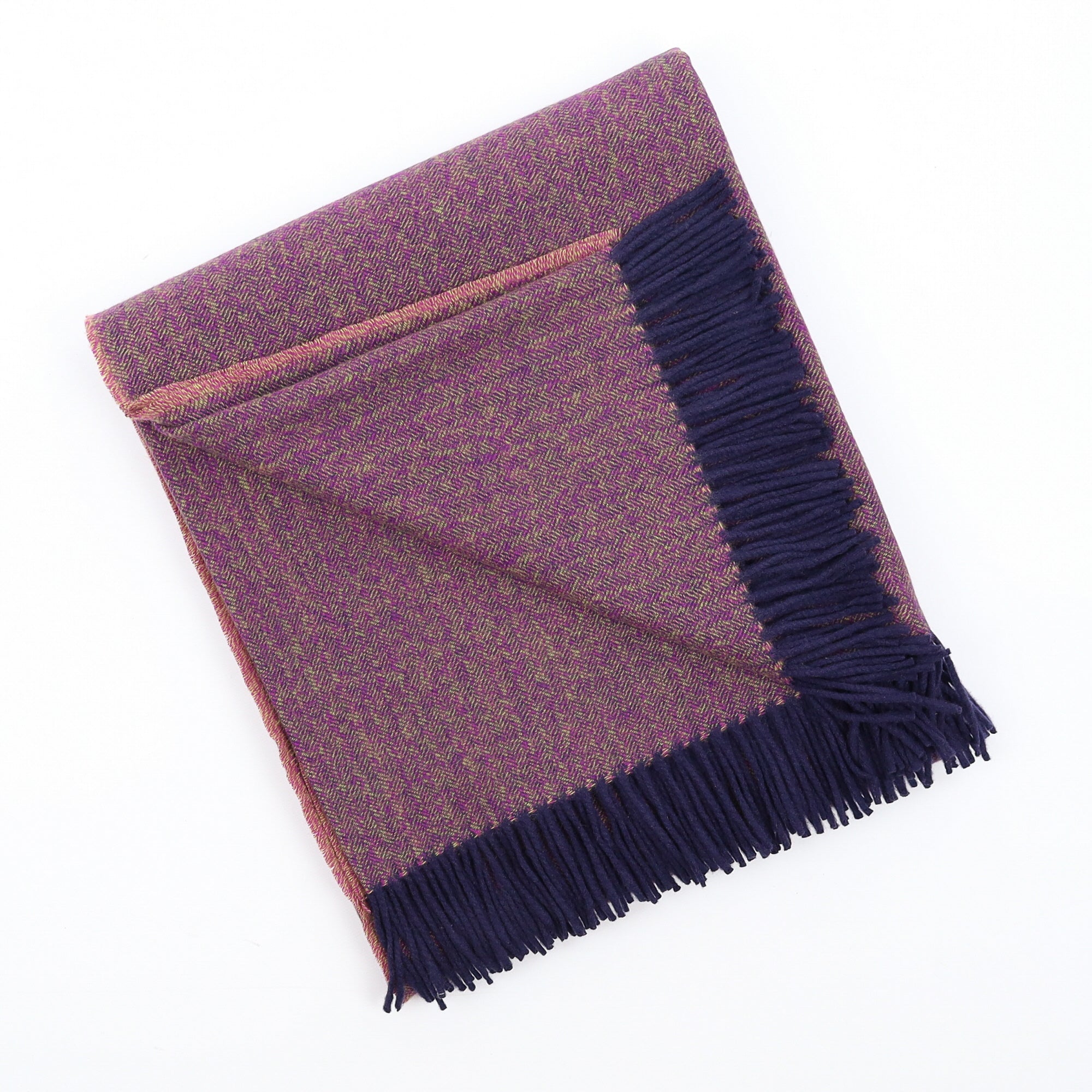 Brand New English Violet Yellow and Navy Herringbone Luxury Woven Cashmere Blanket