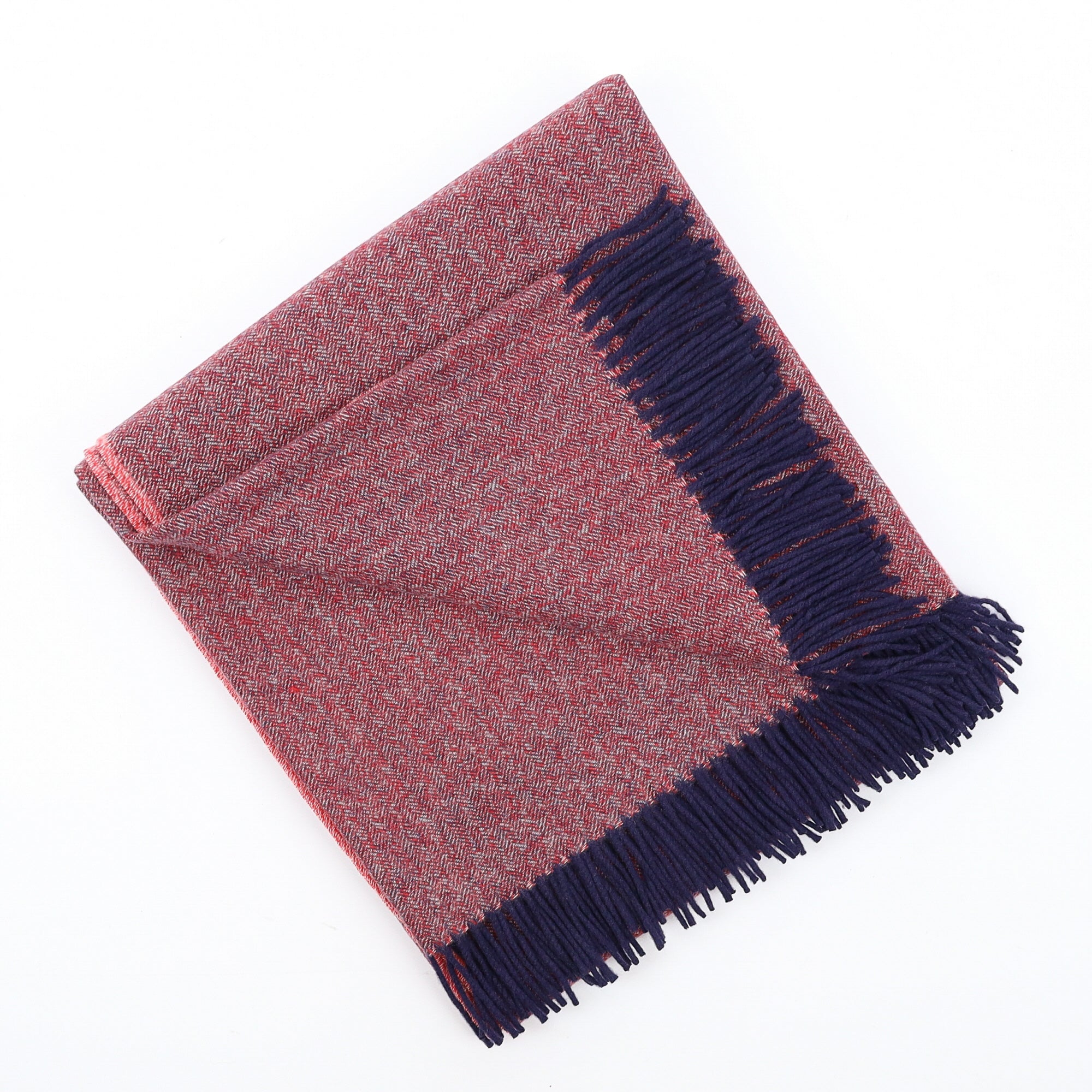 Brand New English Scarlet Red and Navy Herringbone Luxury Woven Cashmere Blanket