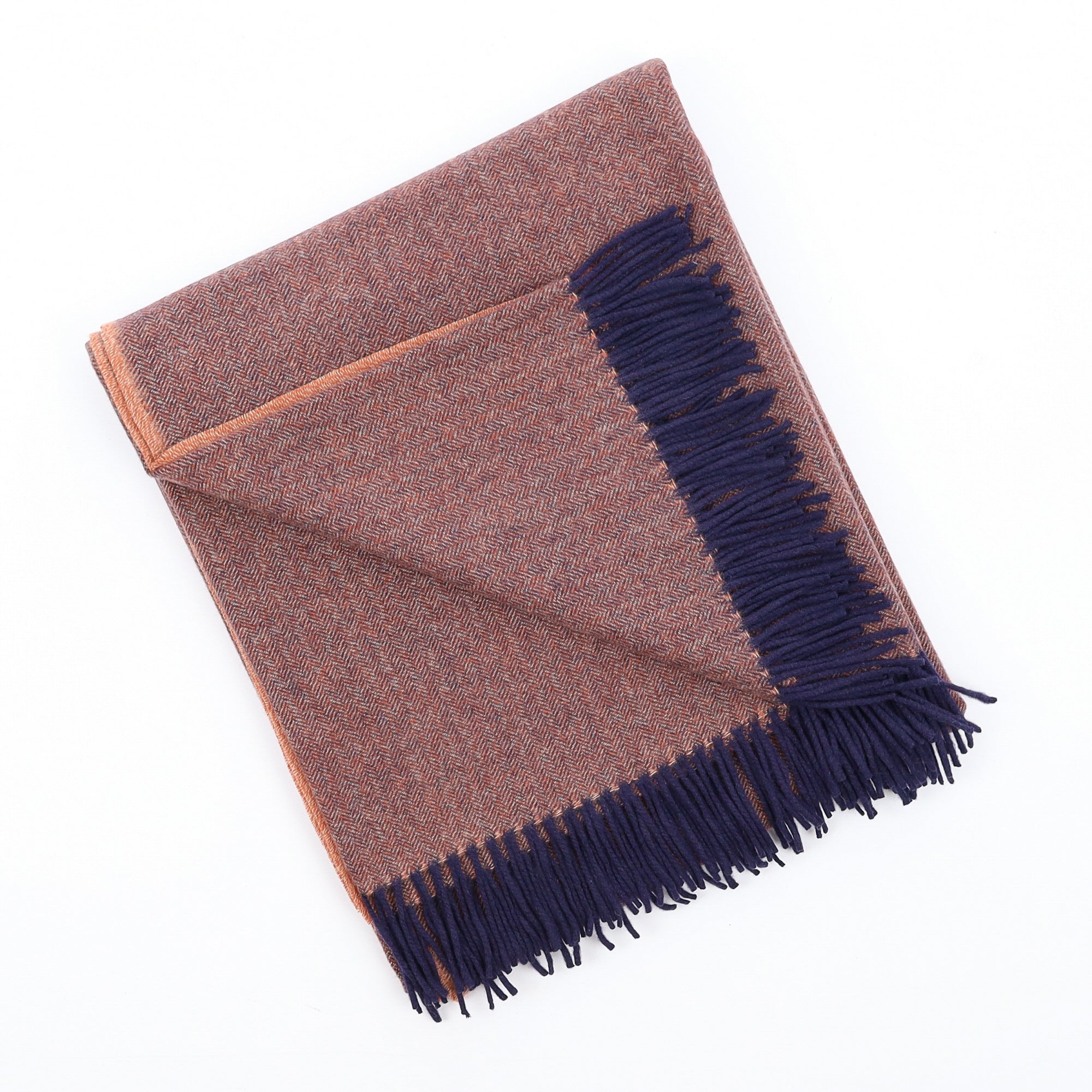 Brand New English Burnt Orange and Navy Herringbone Luxury Woven Cashmere Blanket