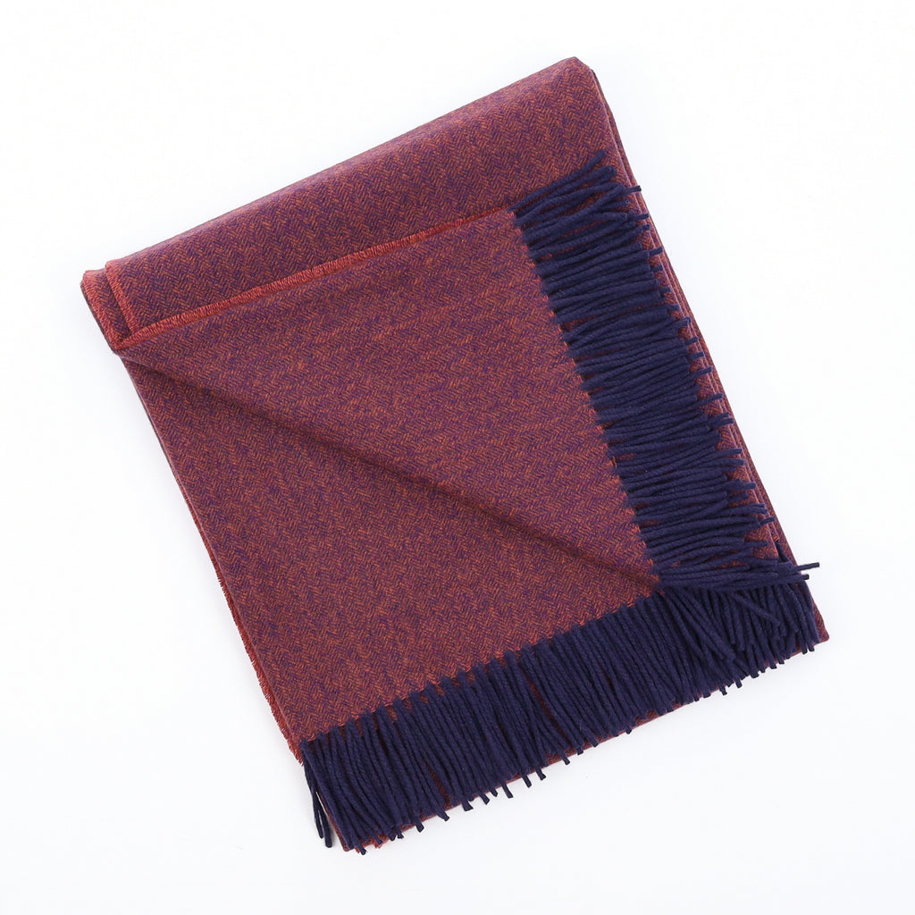 Brand New English Sunset Orange and Navy Marl Luxury Woven Cashmere Blanket