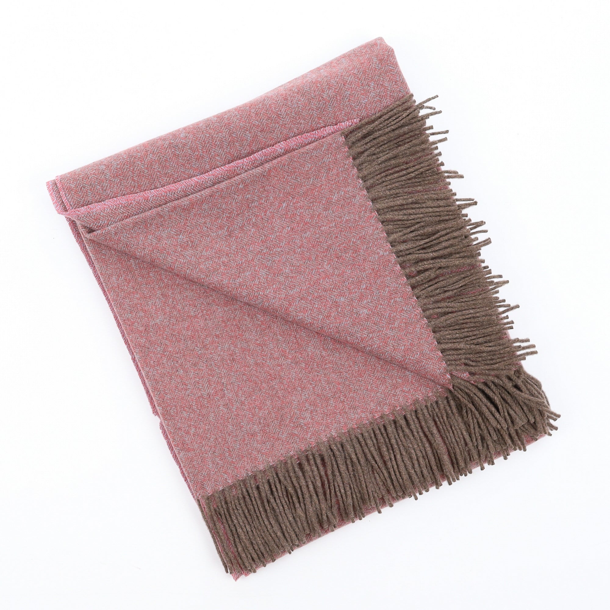 Brand New English Rose Pink and Mocha Herringbone Luxury Woven Cashmere Blanket