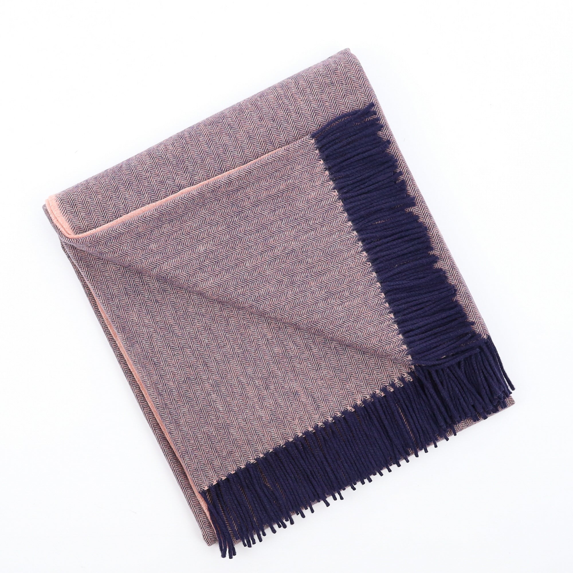 Brand New English Blush Pink and Navy Herringbone Luxury Woven Cashmere Blanket