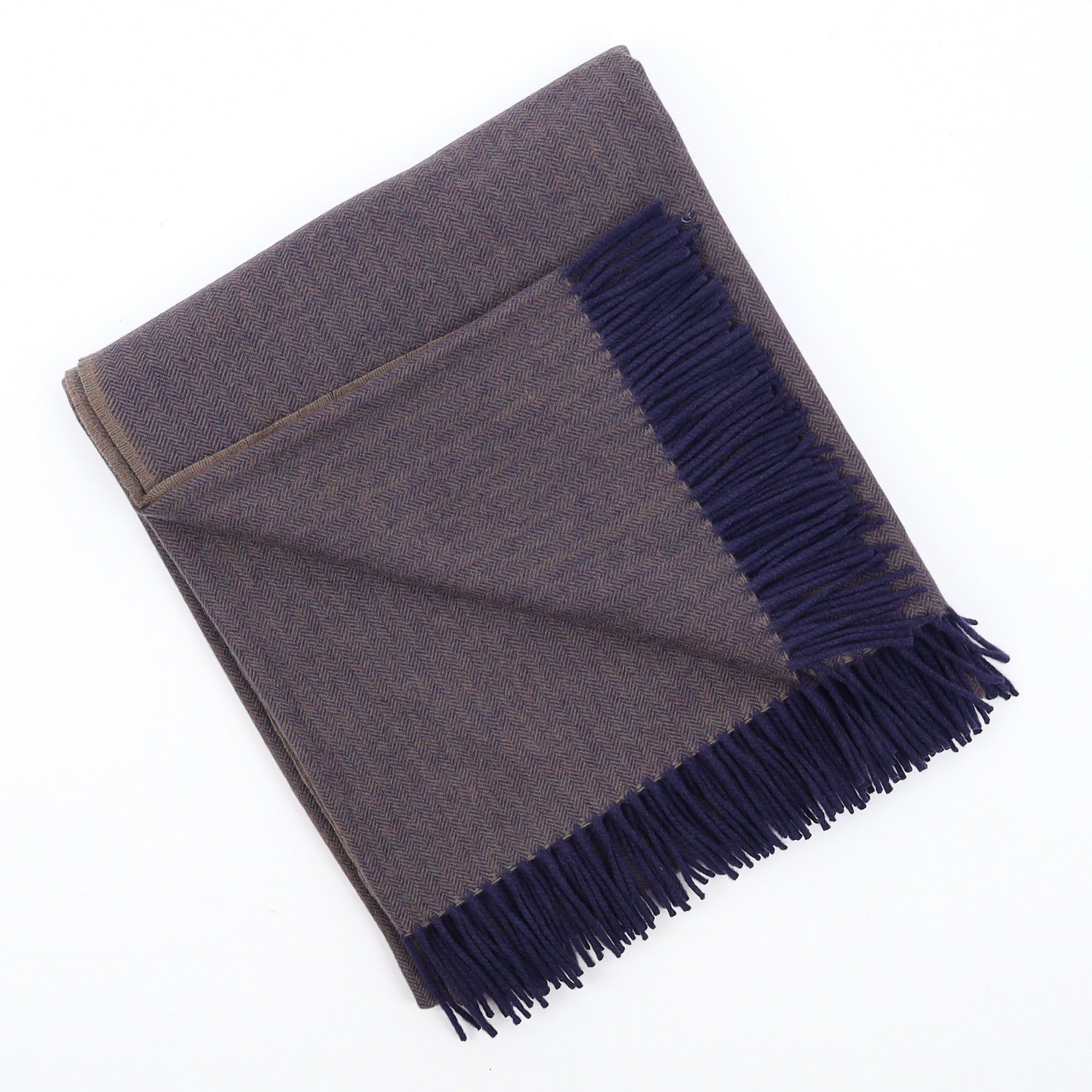 Brand New English Navy and Mushroom Herringbone Luxury Woven Cashmere Blanket