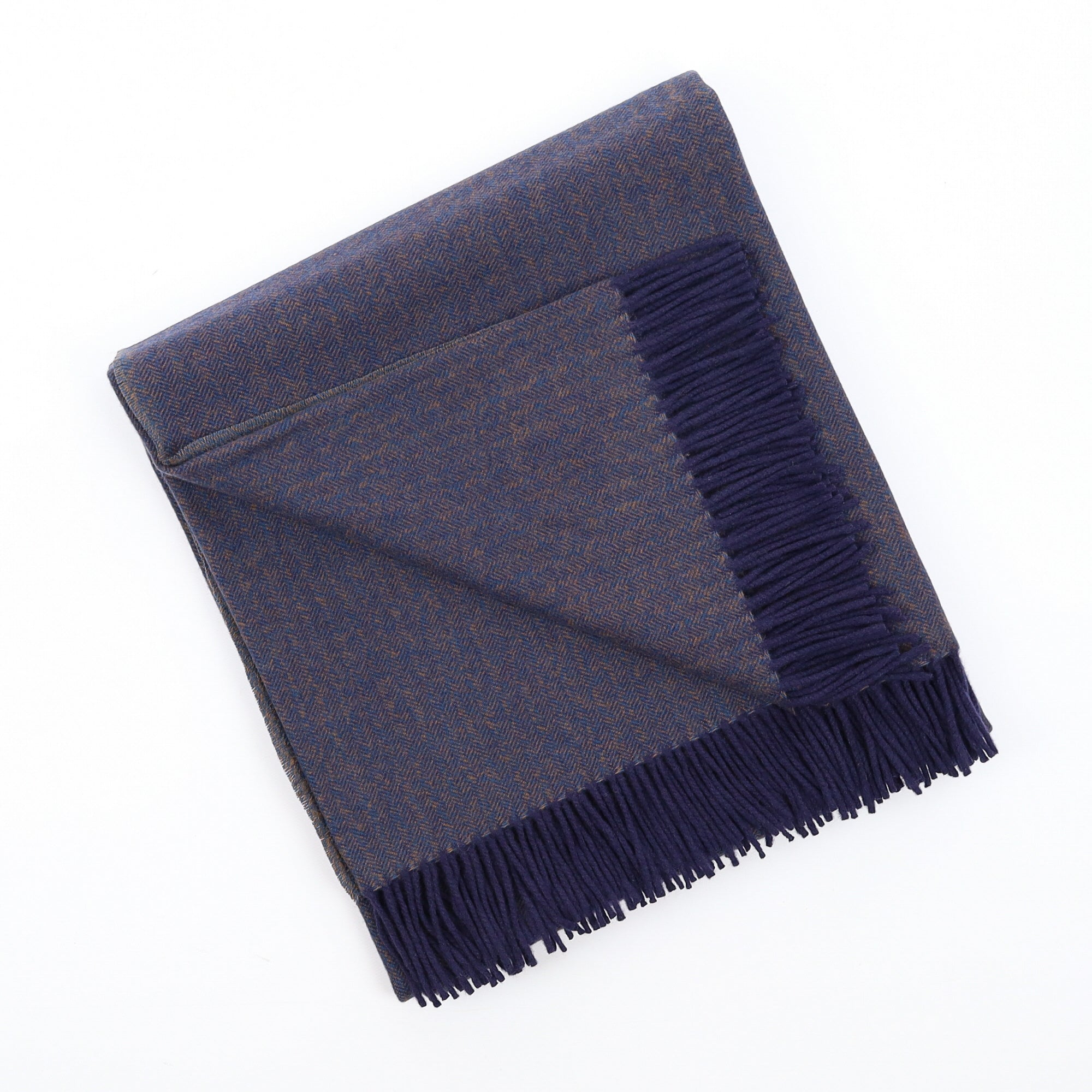 Brand New English Ocean Blue and Cinnamon Herringbone Luxury Woven Cashmere Blanket