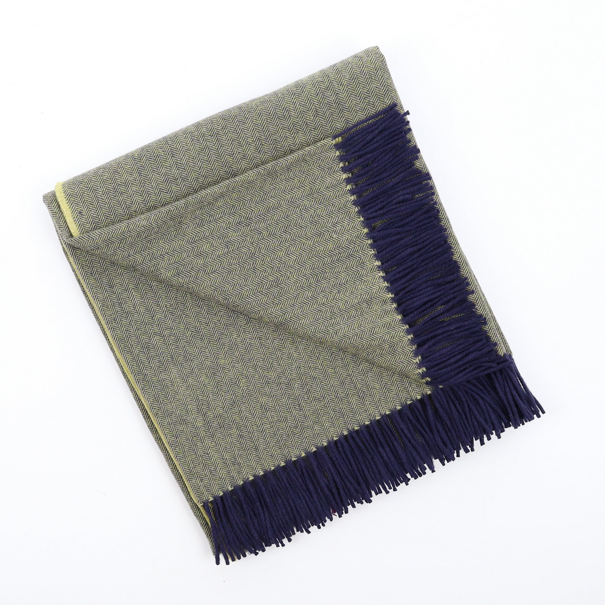 Brand New English Pistachio and Navy Herringbone Luxury Woven Cashmere Blanket