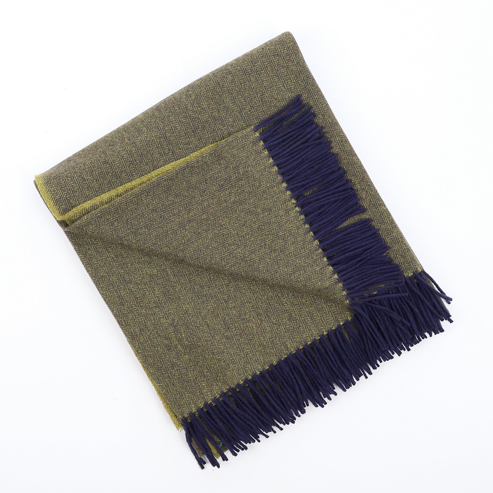 Brand New English Key Lime and Navy Herringbone Luxury Woven Cashmere Blanket
