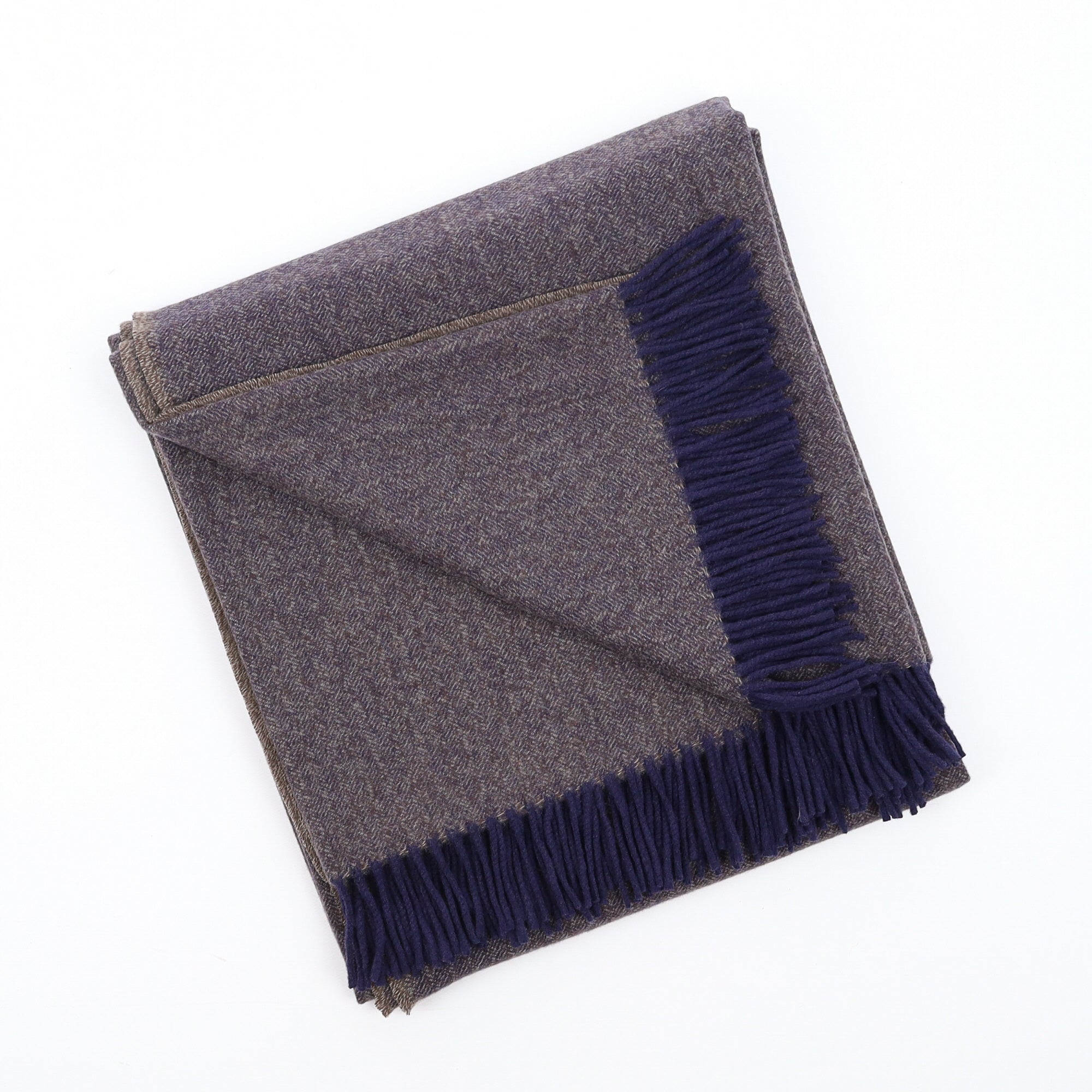 Brand New English Fossil Brown and Navy Herringbone Luxury Woven Cashmere Blanket