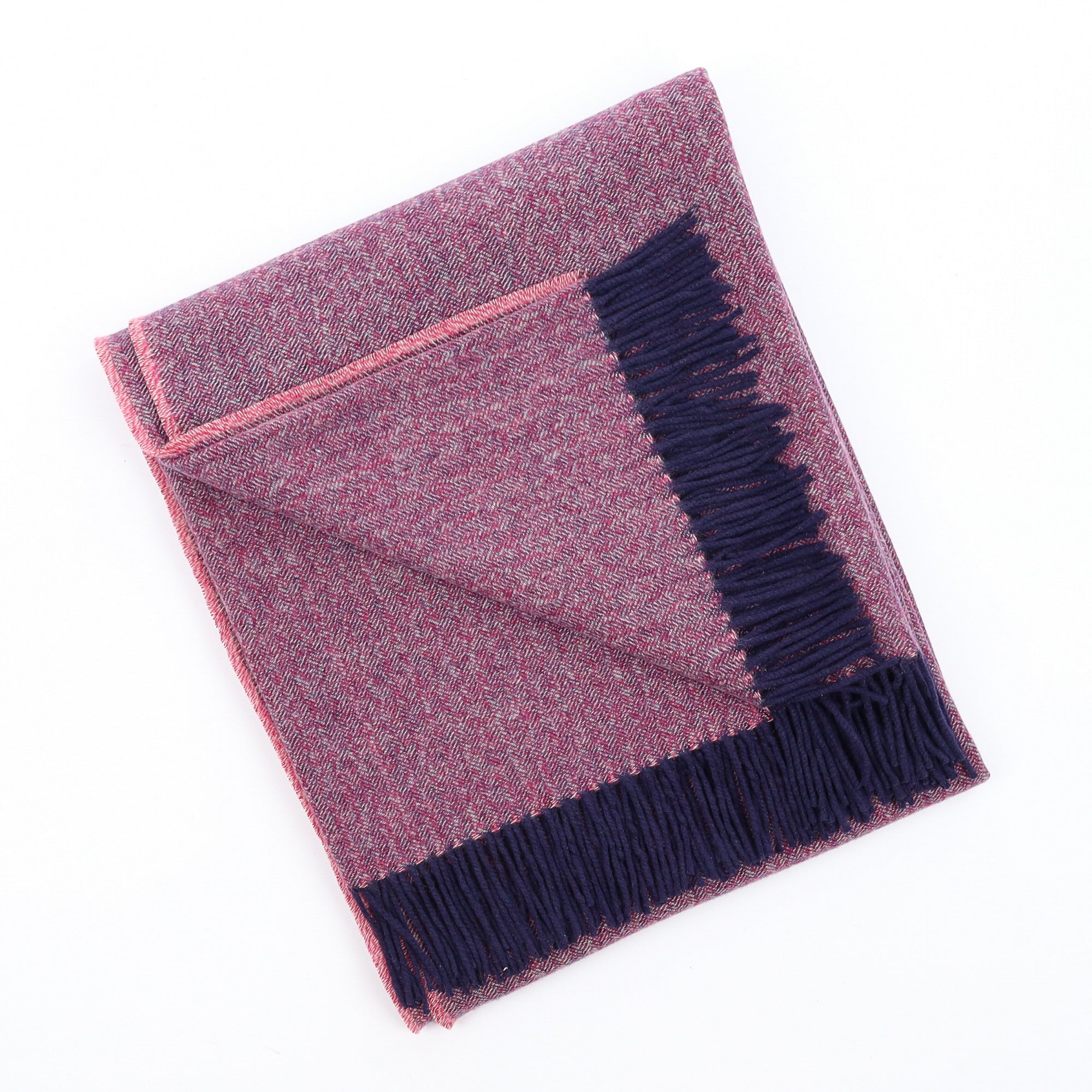 Brand New English Raspberry and Navy Herringbone Luxury Woven Cashmere Blanket