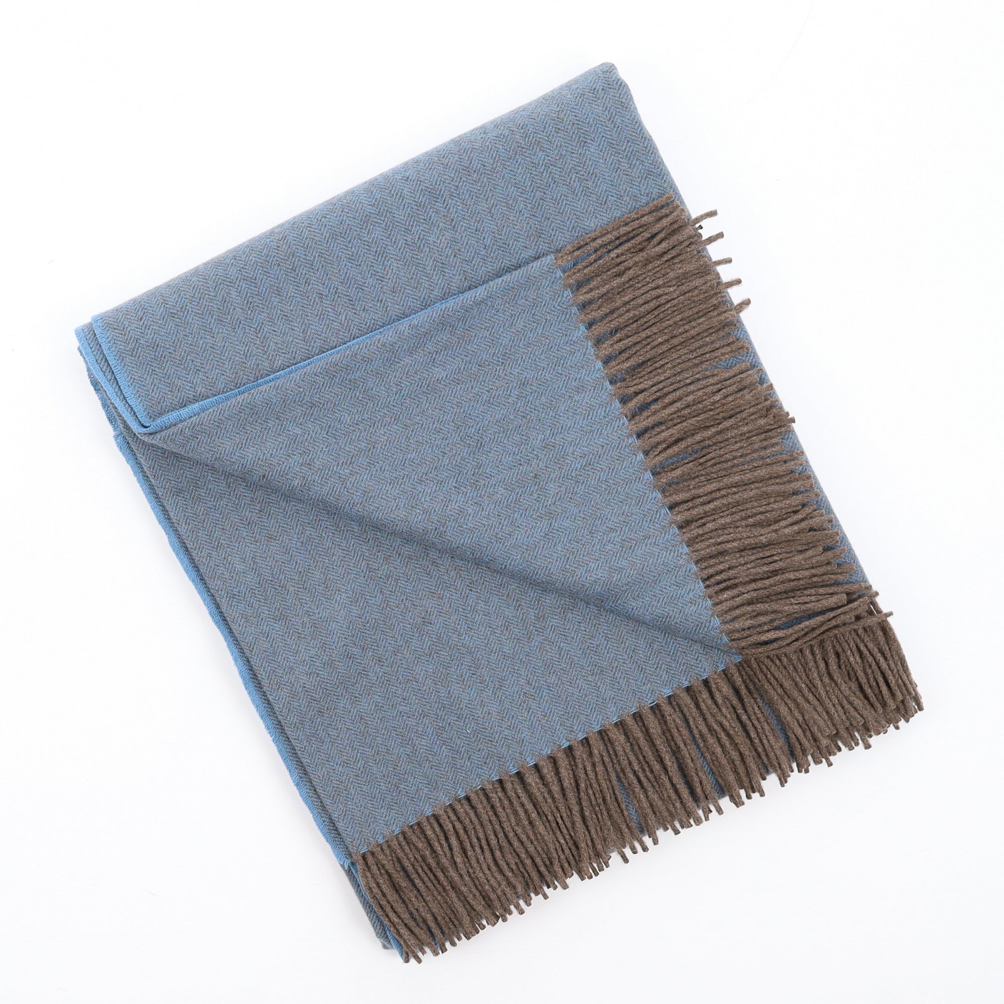 Brand New English Mediterranean Blue and Mocha Herringbone Luxury Woven Cashmere Blanket