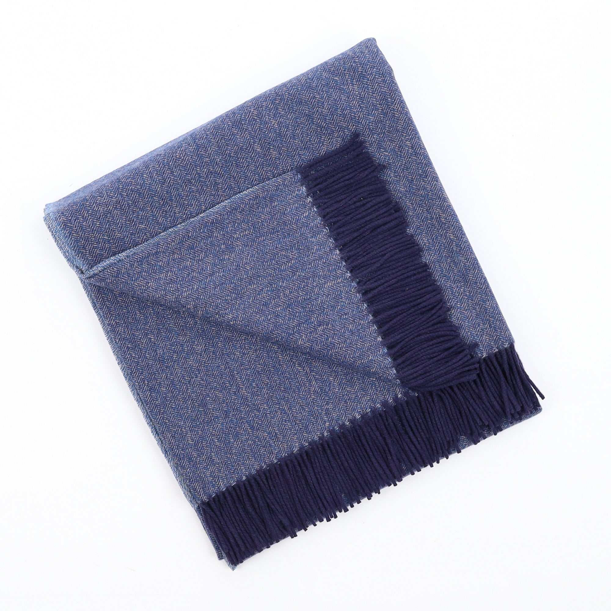 Brand New English Ocean Blue and Fawn Herringbone Luxury Woven Cashmere Blanket