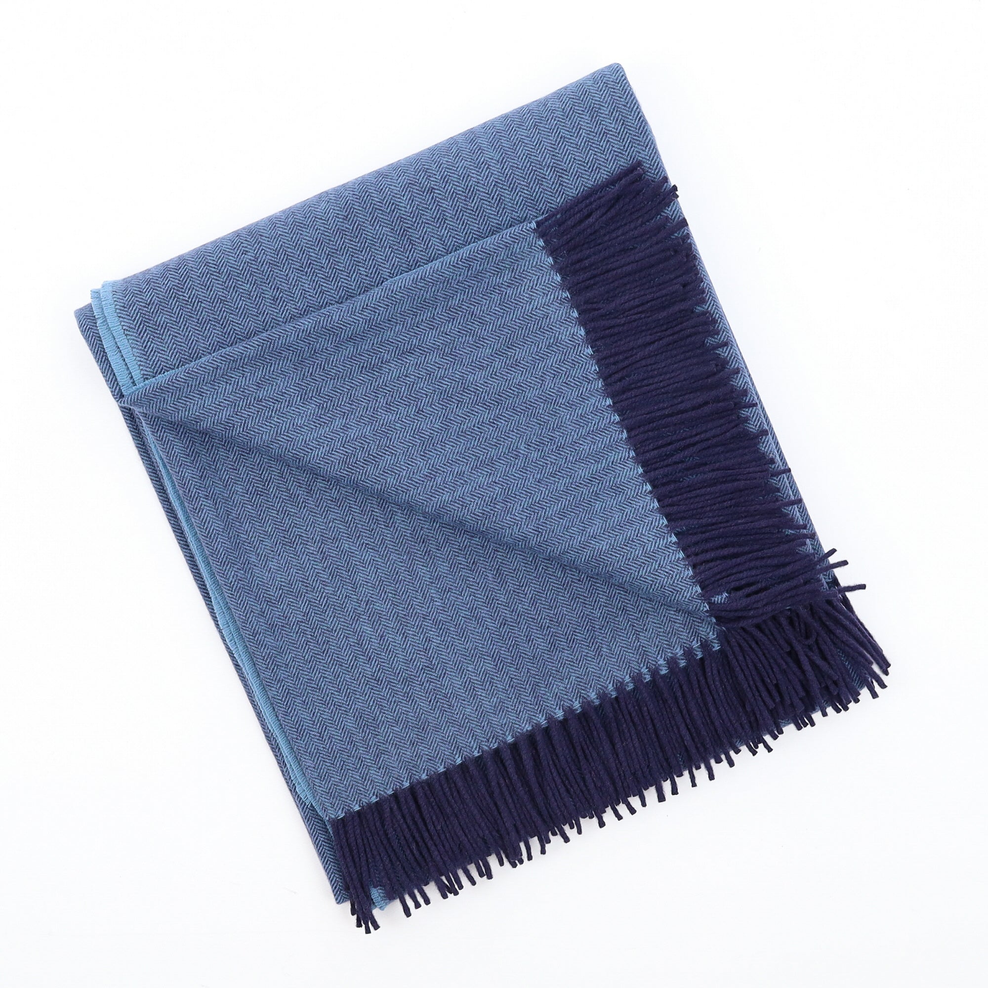 Brand New English Antique Blue and Navy Herringbone Luxury Woven Cashmere Blanket