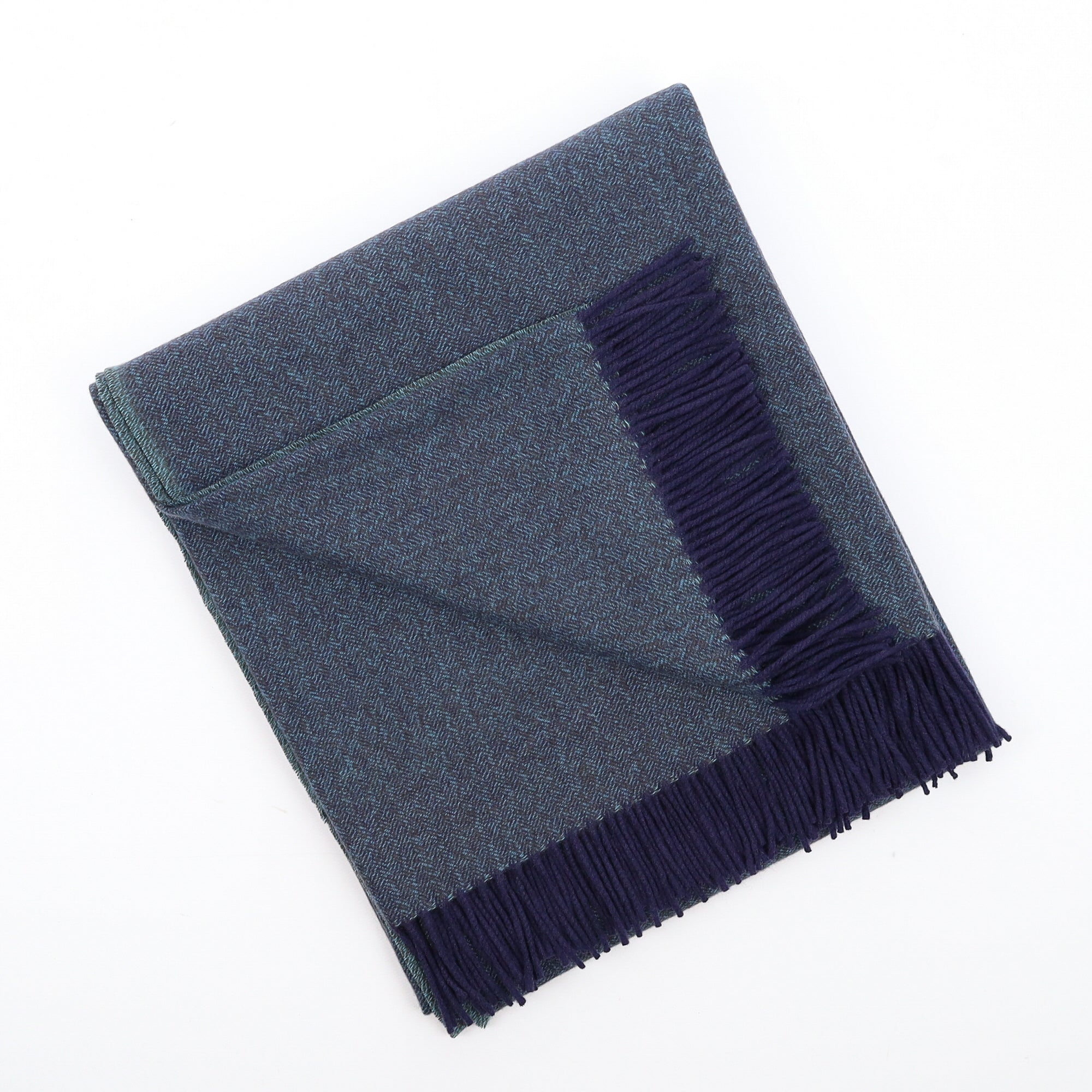 Brand New English Turquoise and Navy Herringbone Luxury Woven Cashmere Blanket