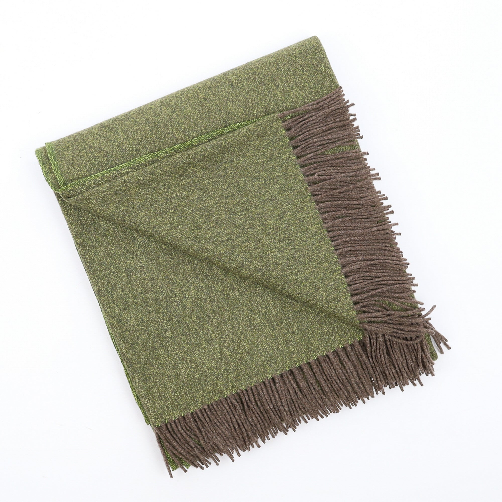 Brand New English Lime Green and Mocha Marl Luxury Woven Cashmere Blanket
