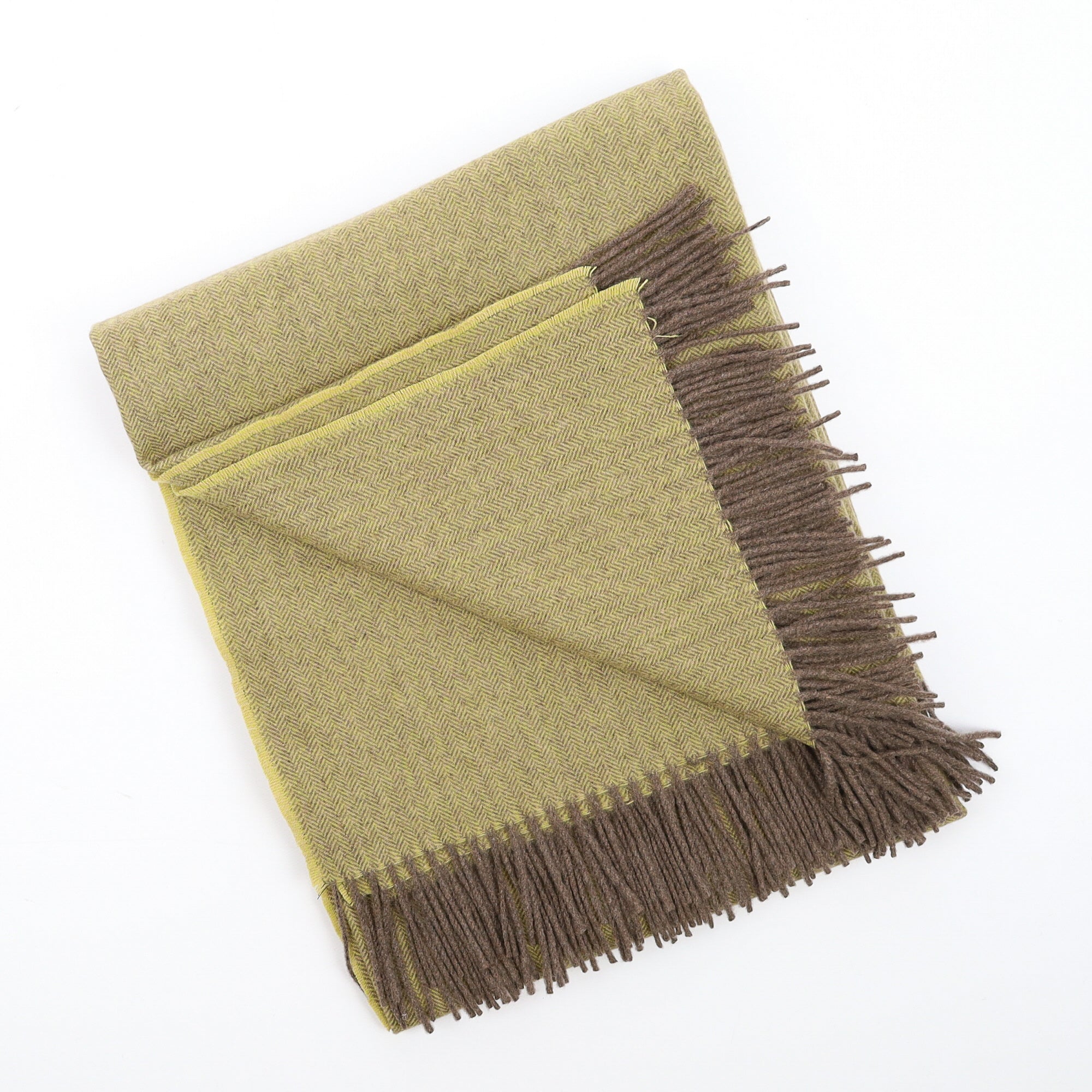 Brand New English Pistachio and Mocha Herringbone Luxury Woven Cashmere Blanket