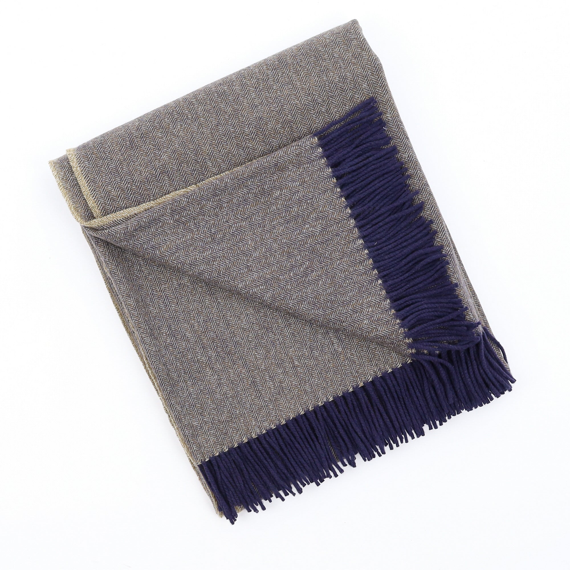 Brand New English Khaki and Navy Herringbone Luxury Woven Cashmere Blanket
