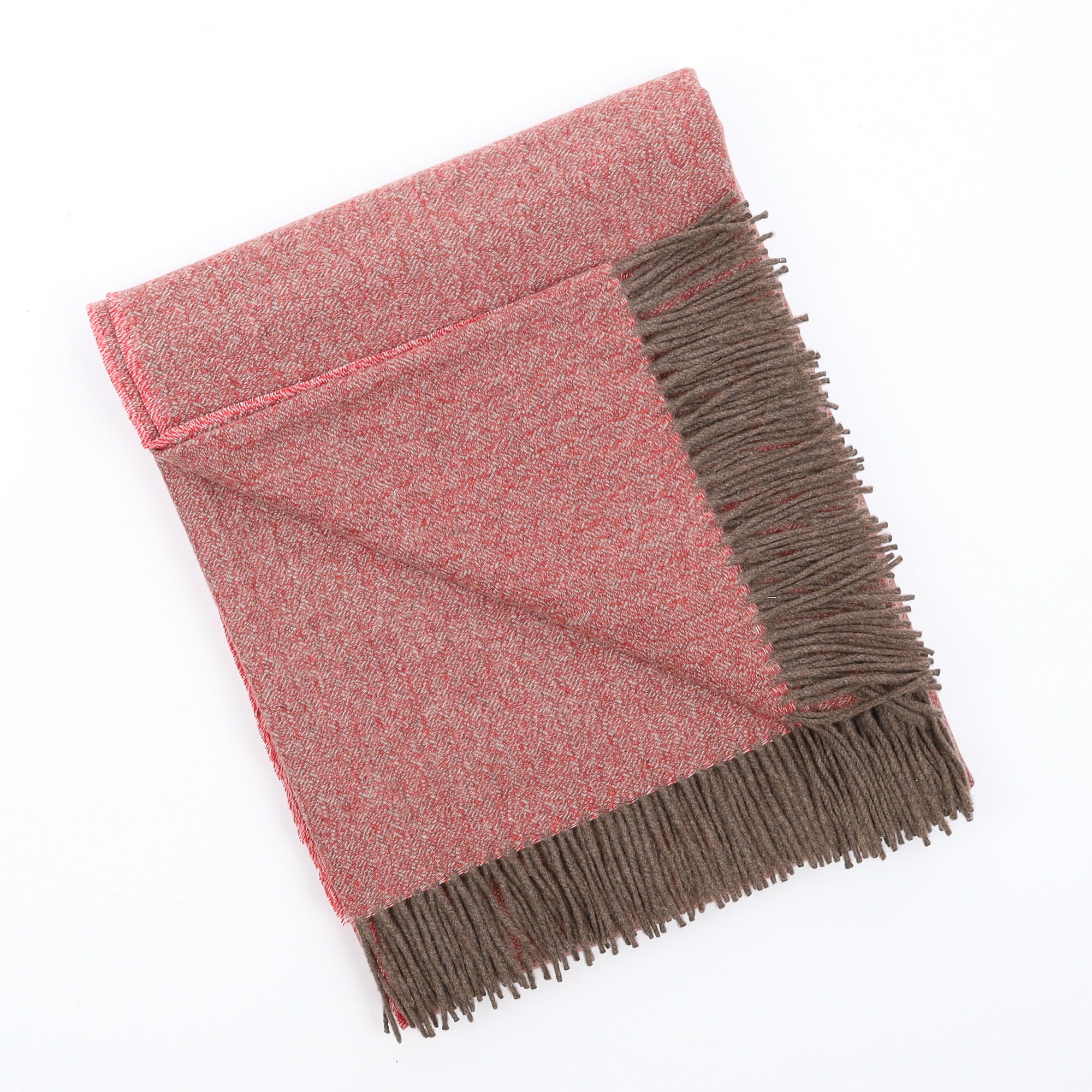 Brand New English Scarlet Red and Mushroom Herringbone Luxury Woven Cashmere Blanket