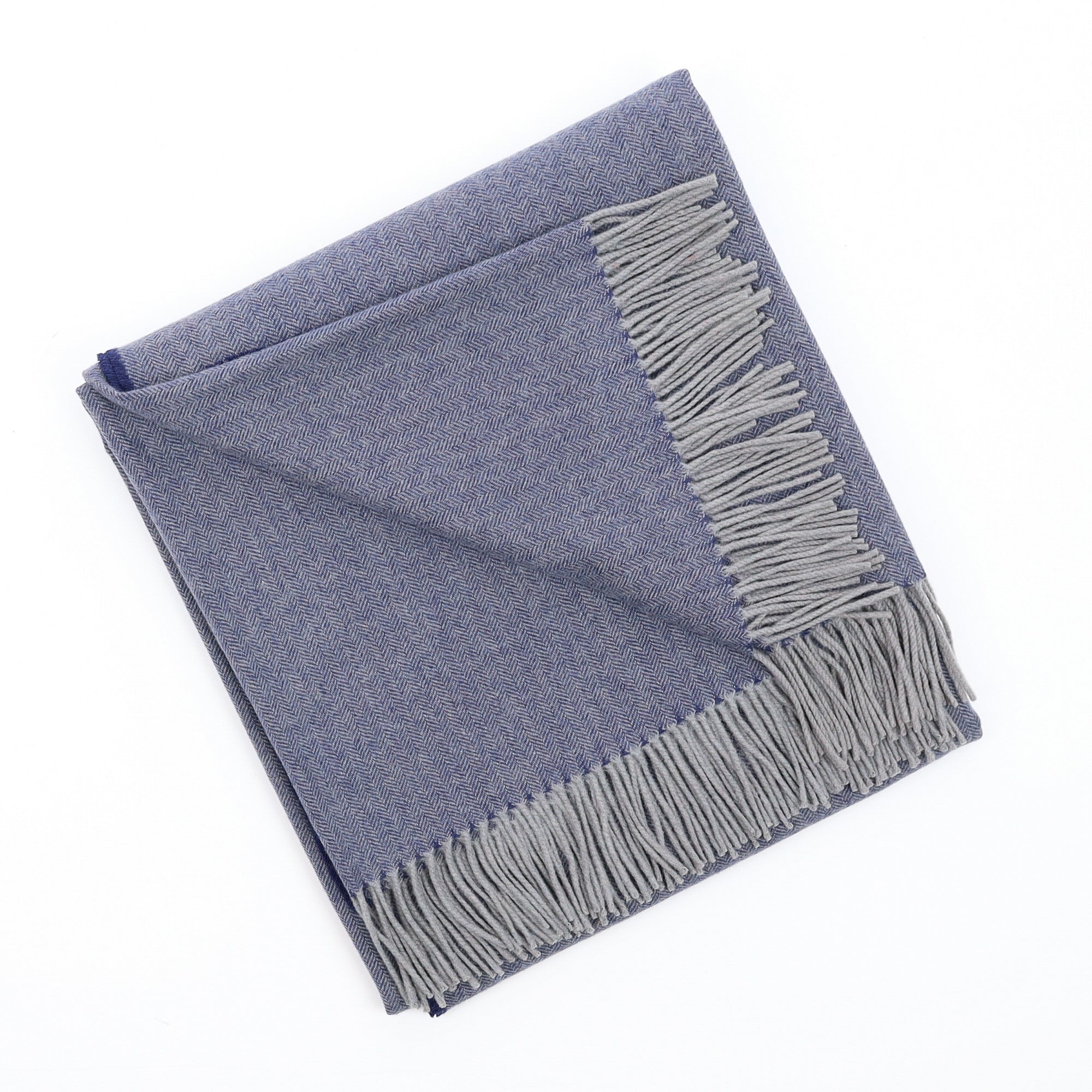 Brand New English Navy and Grey Herringbone Luxury Woven Cashmere Blanket