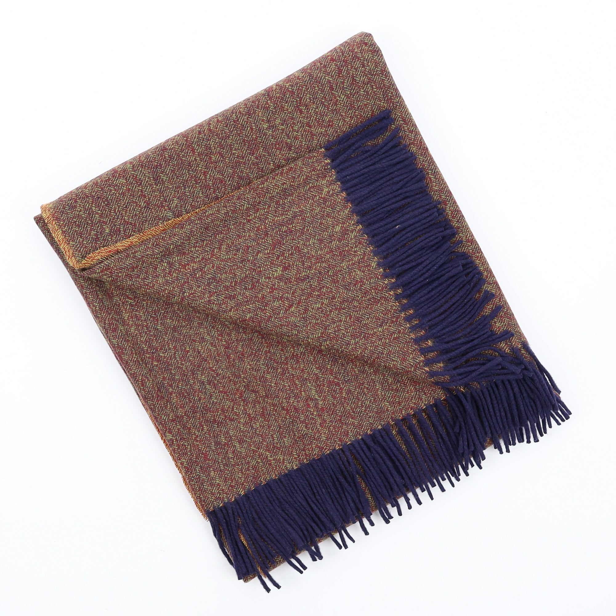 Brand New English Mustard Burgundy and Navy Herringbone Luxury Woven Cashmere Blanket