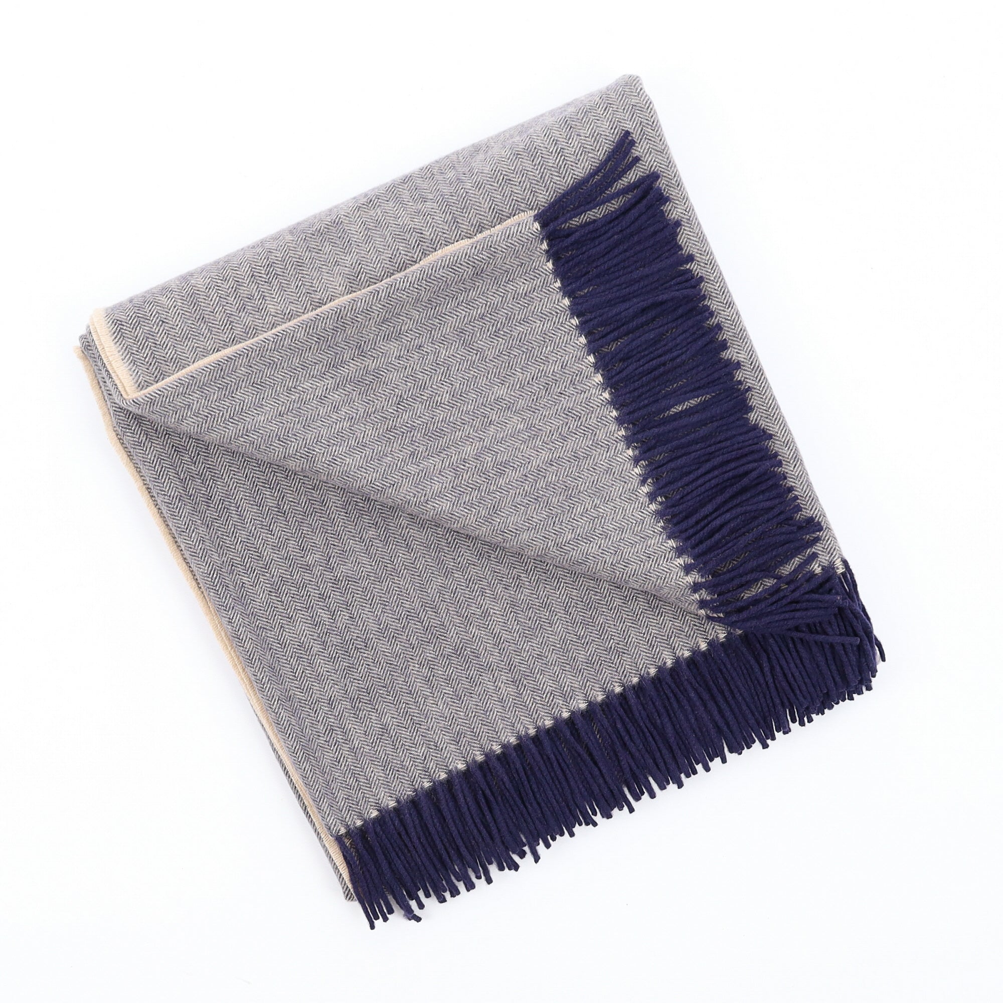 Brand New English Navy and Oatmeal Herringbone Luxury Woven Cashmere Blanket