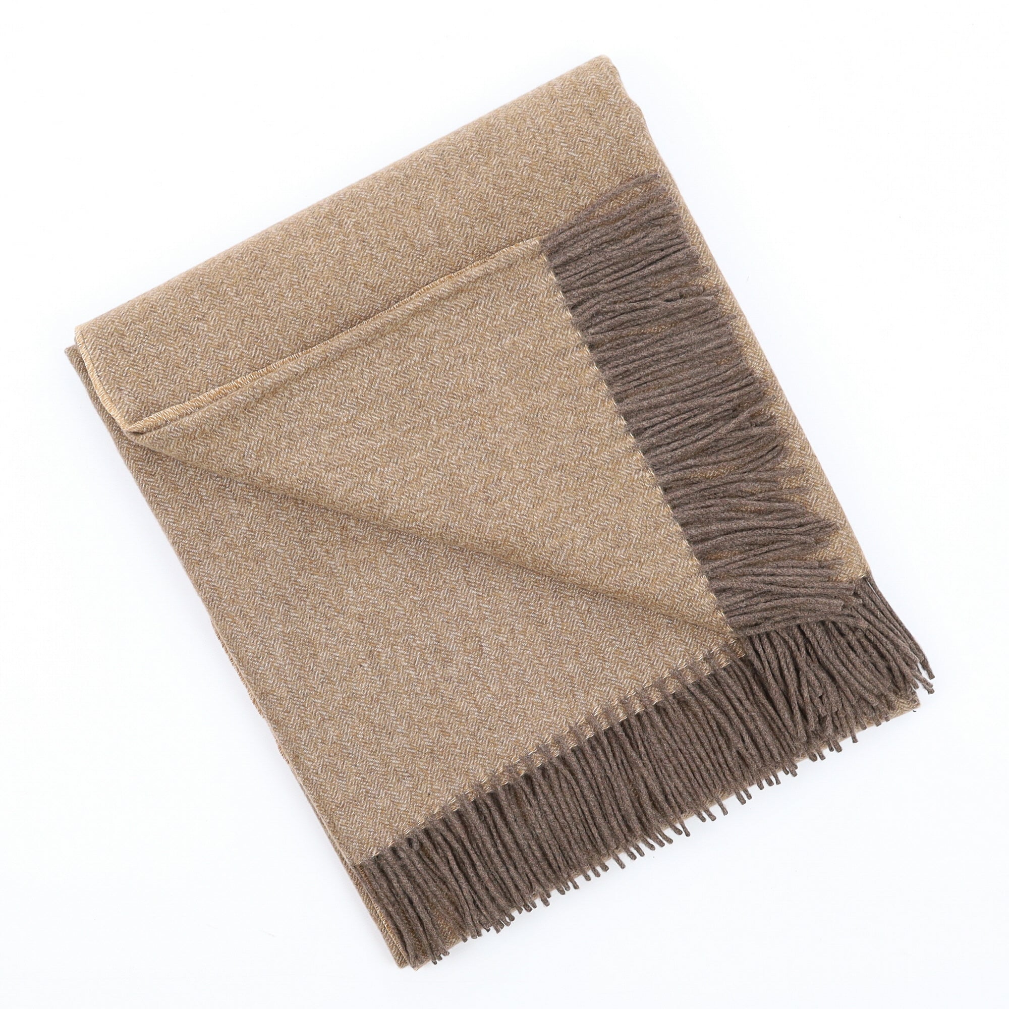 Brand New English Camel and Mocha Herringbone Luxury Woven Cashmere Blanket