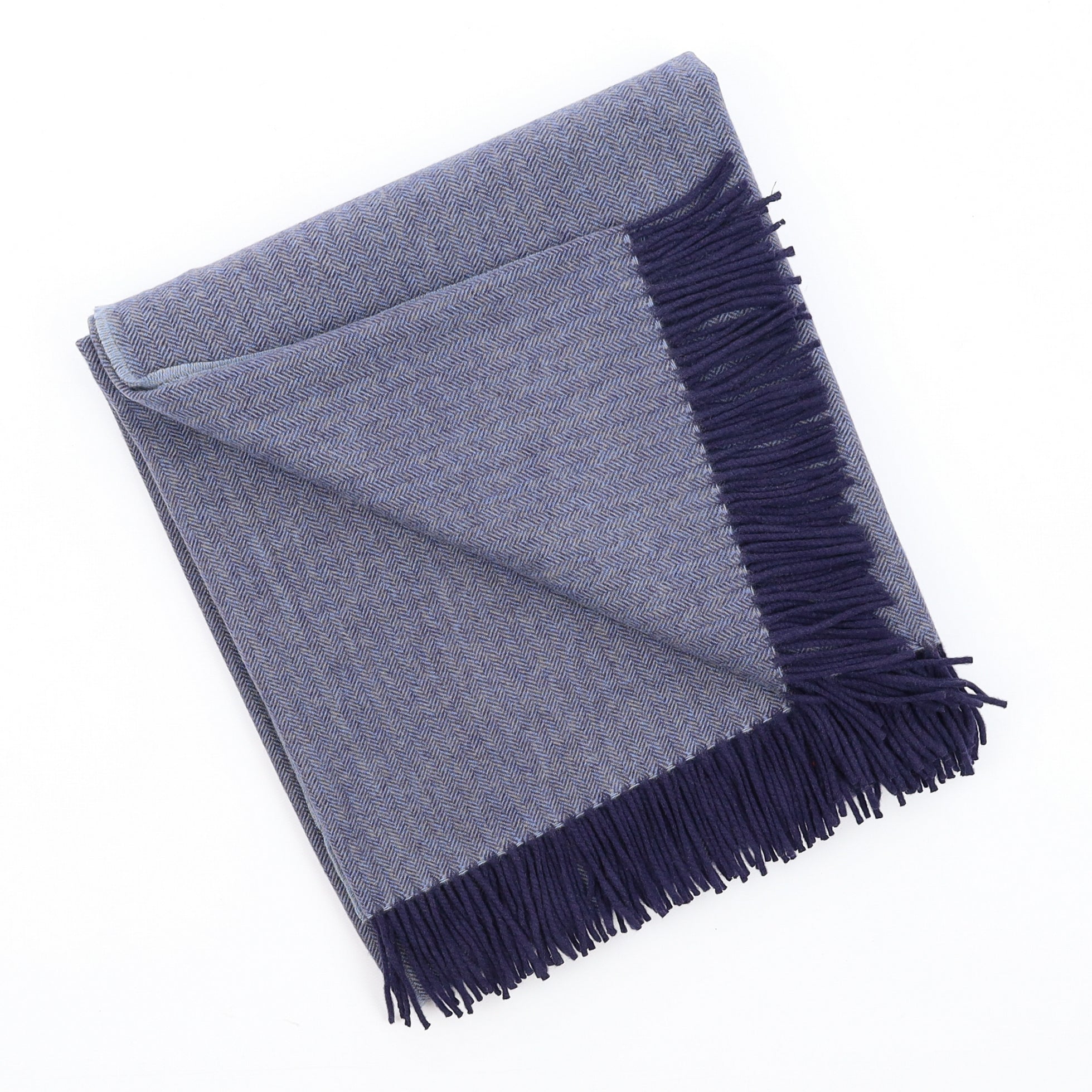 Brand New English Sky Blue and Navy Herringbone Luxury Woven Cashmere Blanket