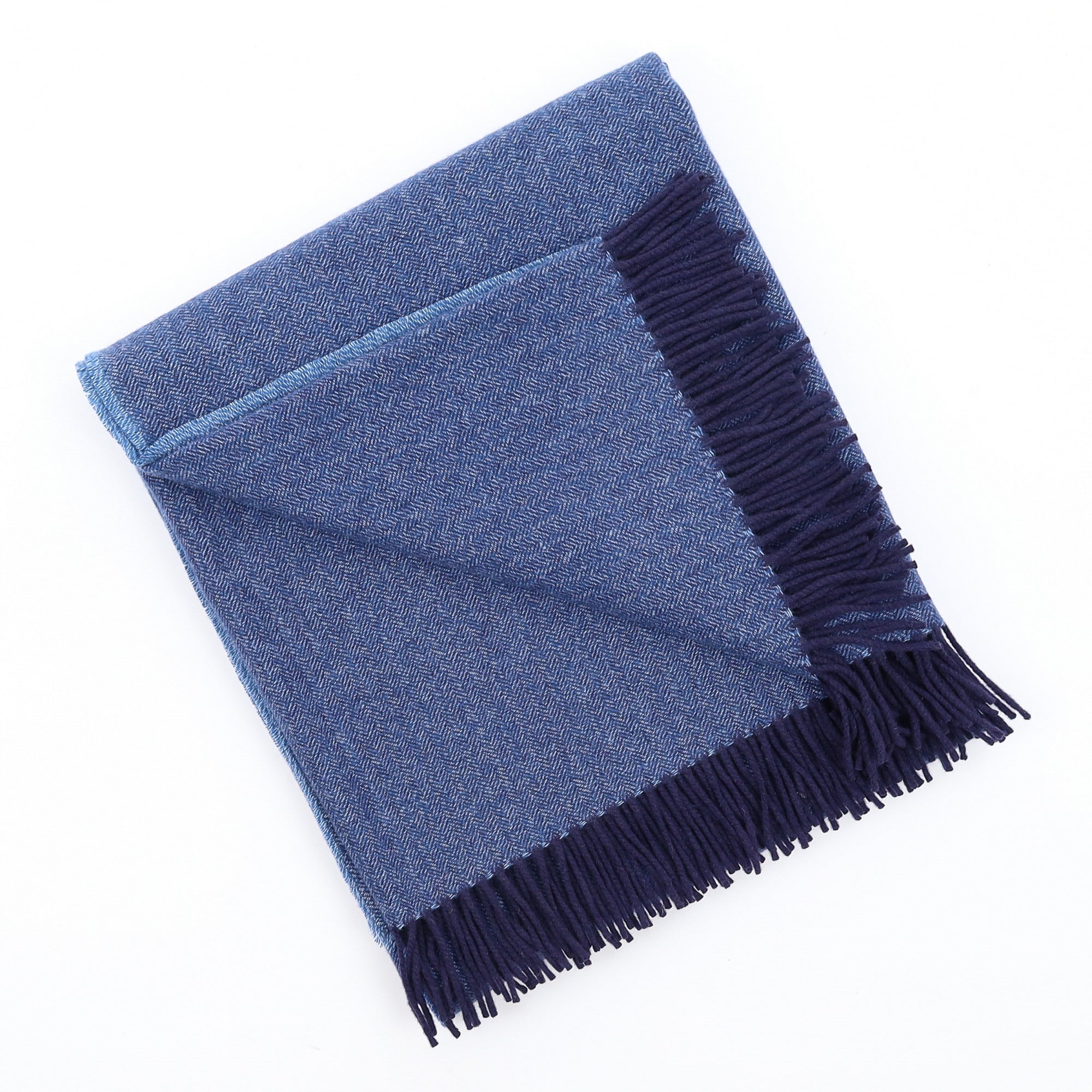Brand New English Ocean Blue and Navy Herringbone Luxury Woven Cashmere Blanket
