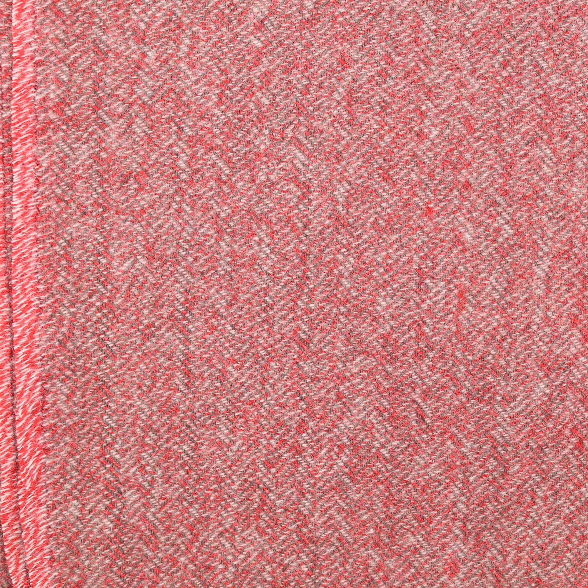 Brand New English Scarlet Red and Mushroom Herringbone Luxury Woven Cashmere Blanket