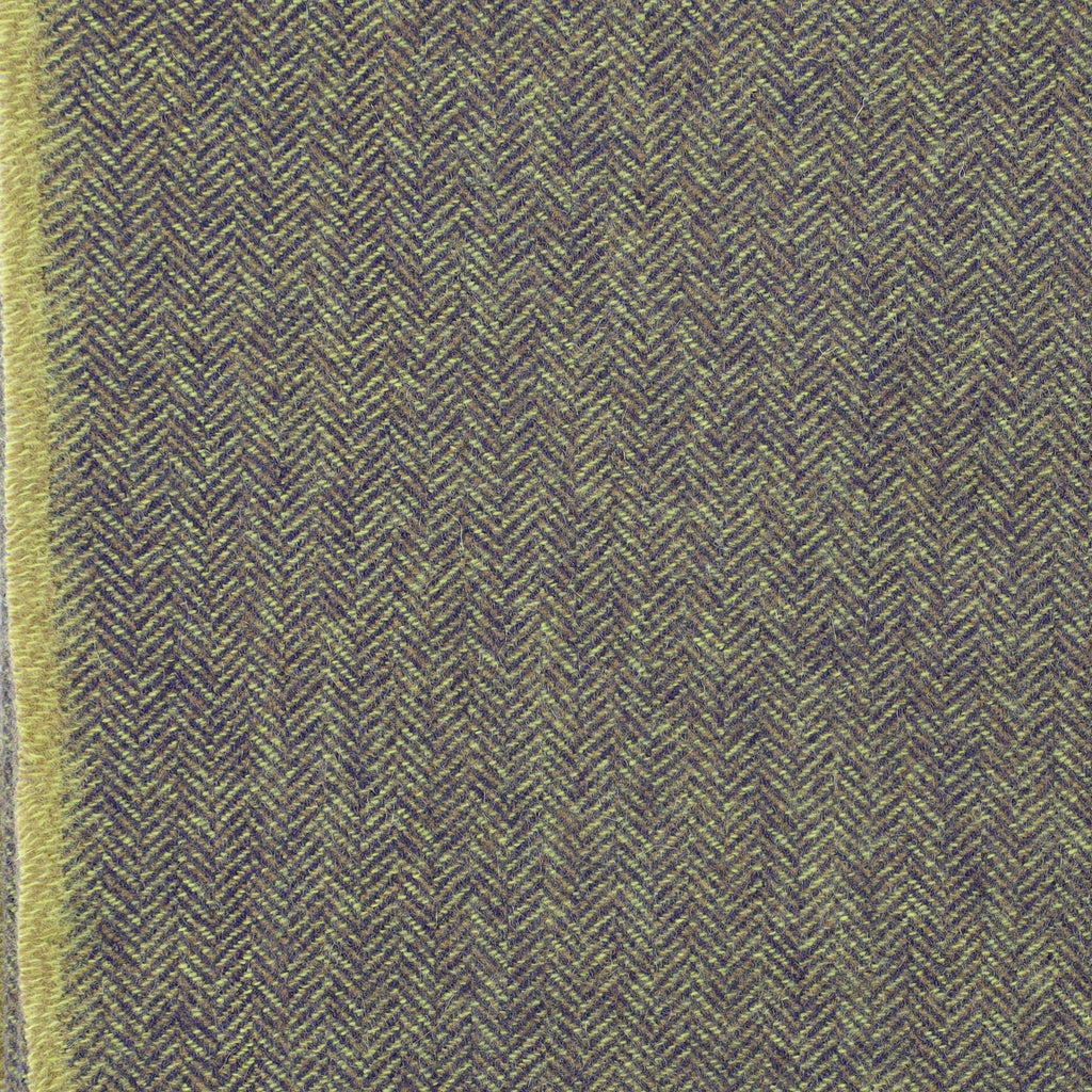 Brand New English Key Lime and Navy Herringbone Luxury Woven Cashmere Blanket