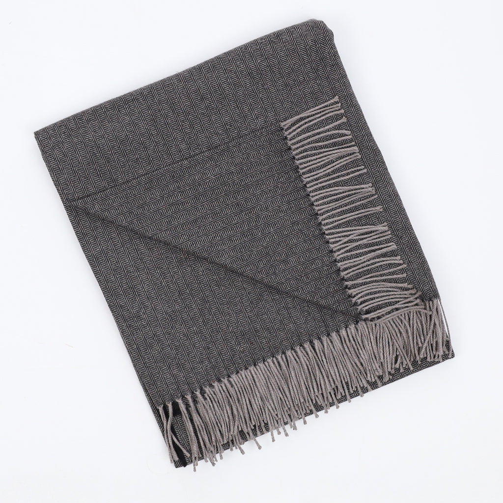 Brand New English Black and Grey Herringbone Luxury Woven Cashmere Blanket