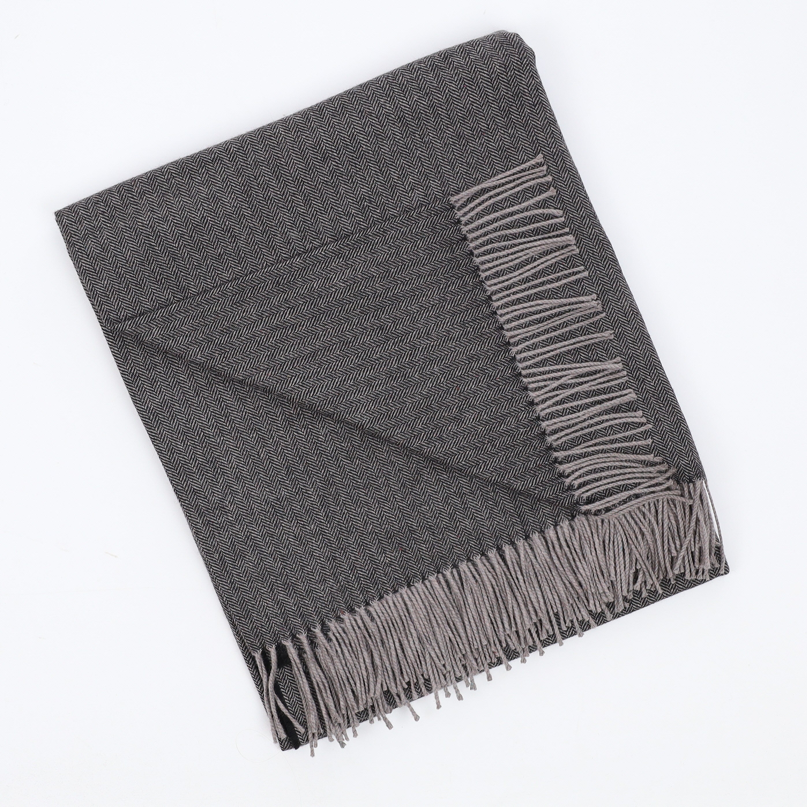 Brand New English Black and Grey Herringbone Luxury Woven Cashmere Blanket