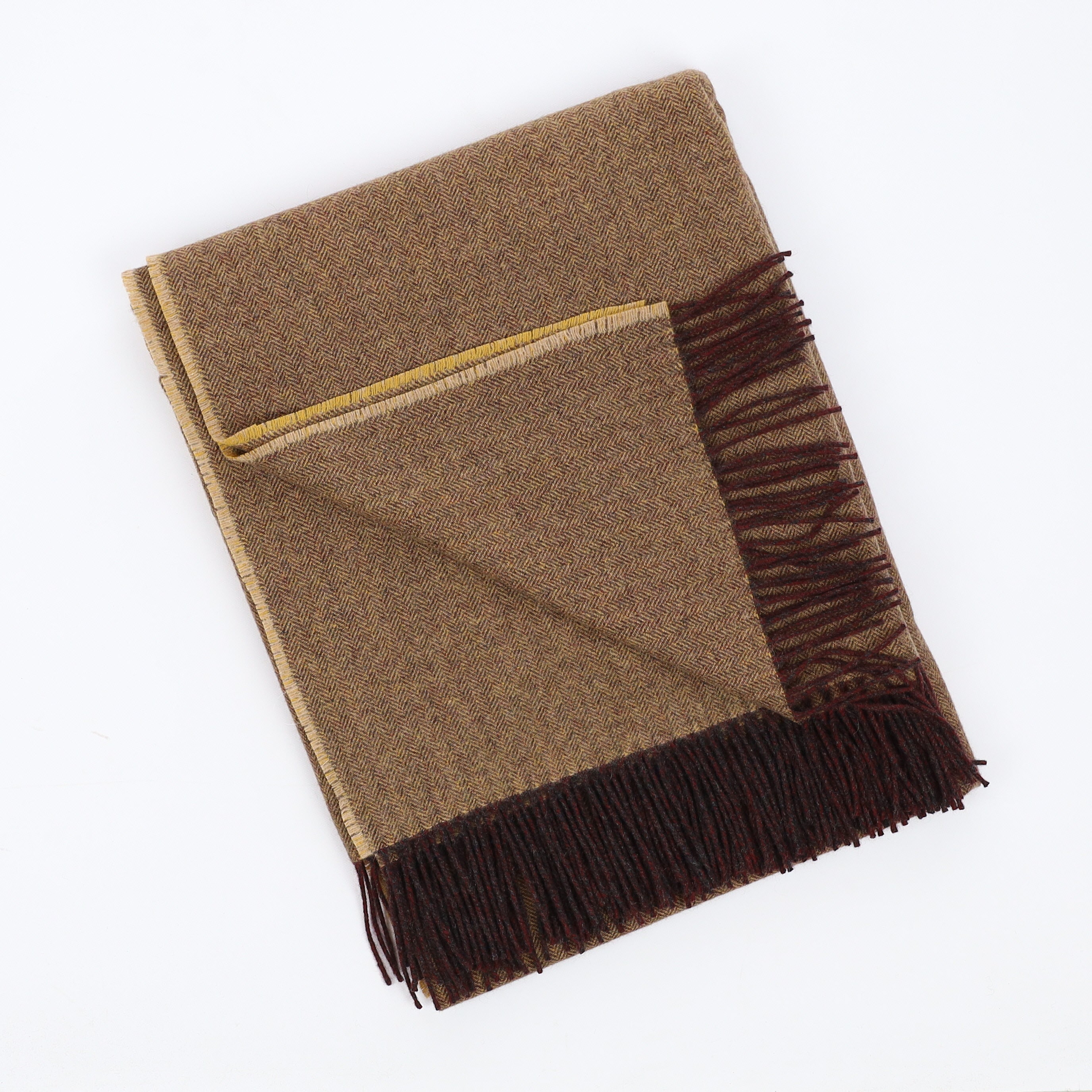 Brand New English Mustard and Cedar Brown Herringbone Luxury Woven Cashmere Blanket