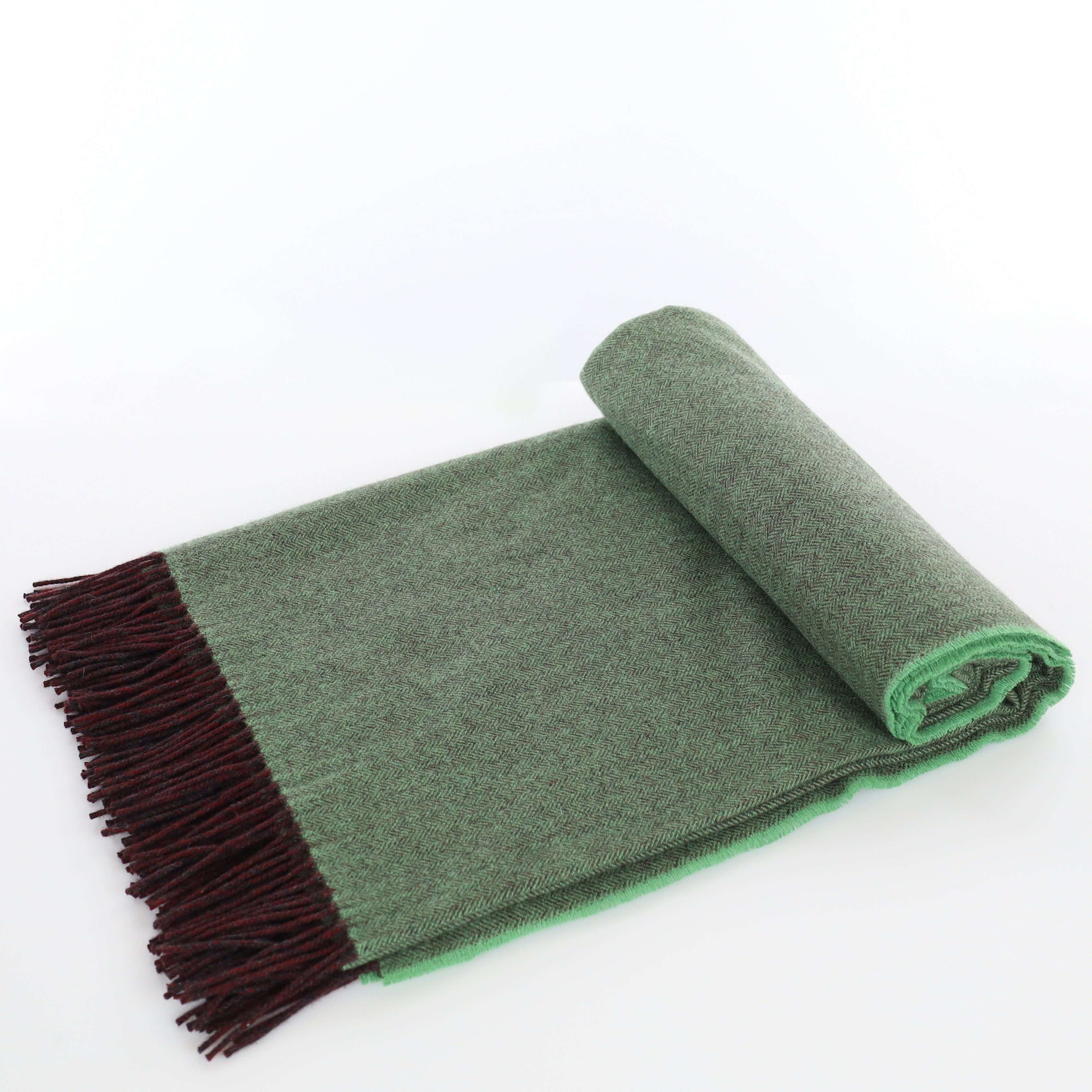 Brand New English Spring Green and Cedar Brown Herringbone Luxury Woven Cashmere Blanket