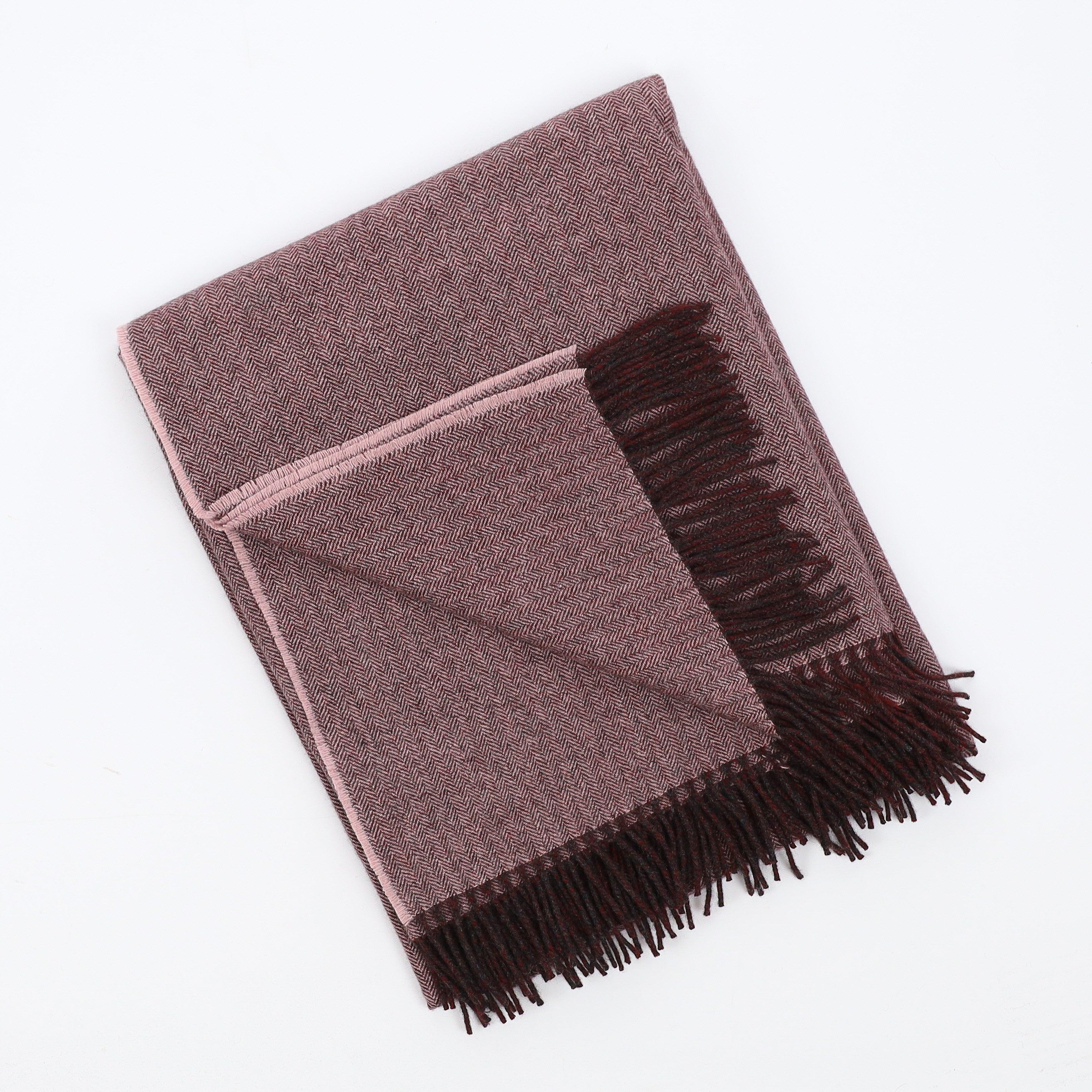 Brand New English Dusky Pink and Cedar Brown Herringbone Luxury Woven Cashmere Blanket