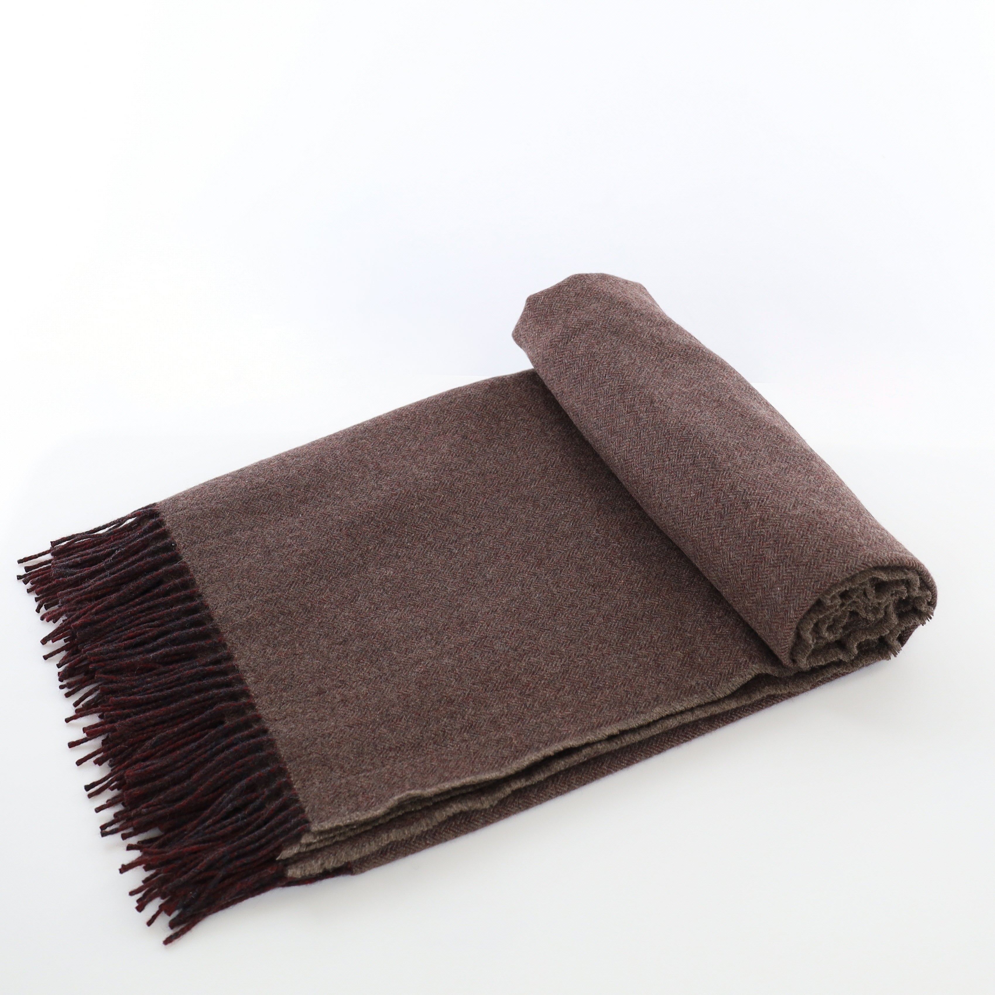 Brand New English Cedar Brown and Mole Herringbone Luxury Woven Cashmere Blanket