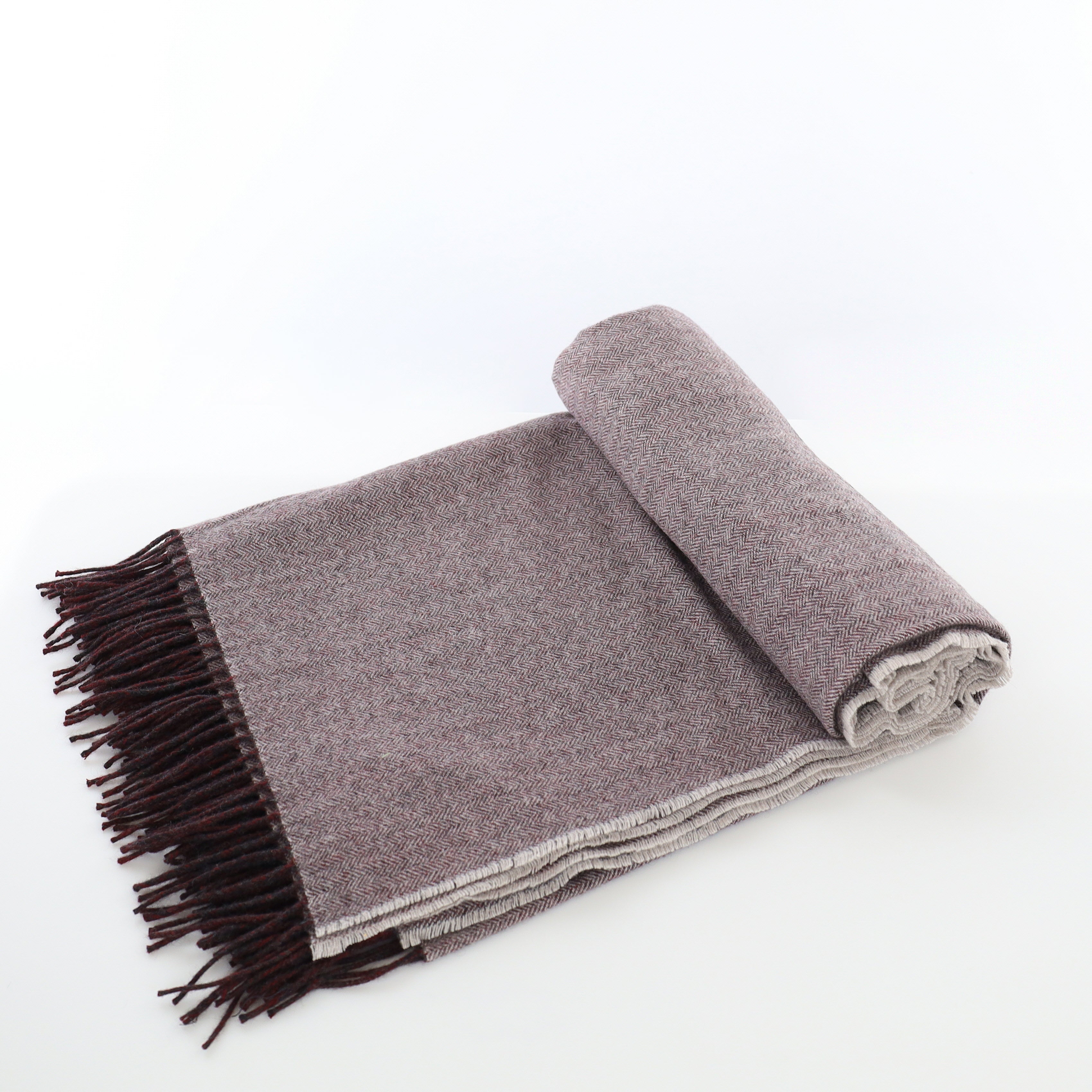 Brand New English Cedar Brown and Dove Grey Herringbone Luxury Woven Cashmere Blanket
