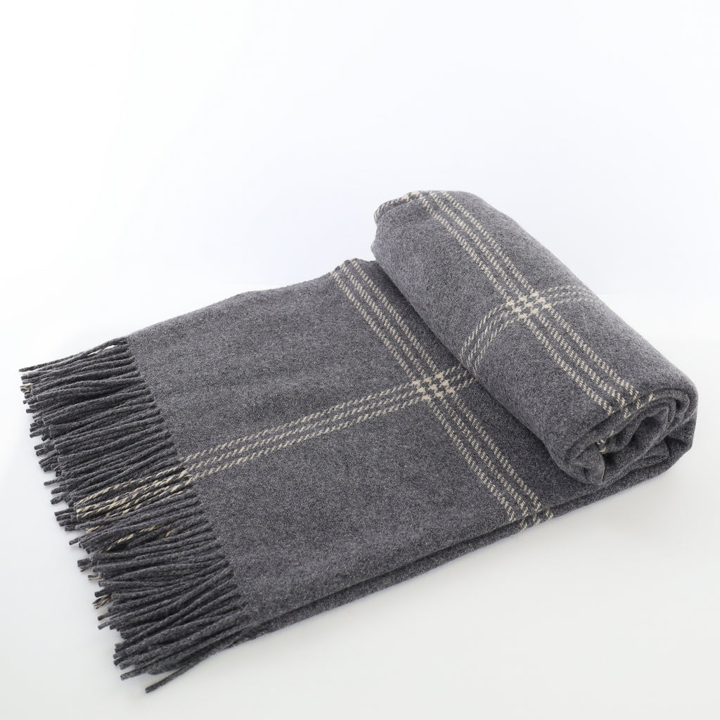 Brand New English Slate Grey and Ivory Checked Luxury Woven Cashmere Blanket