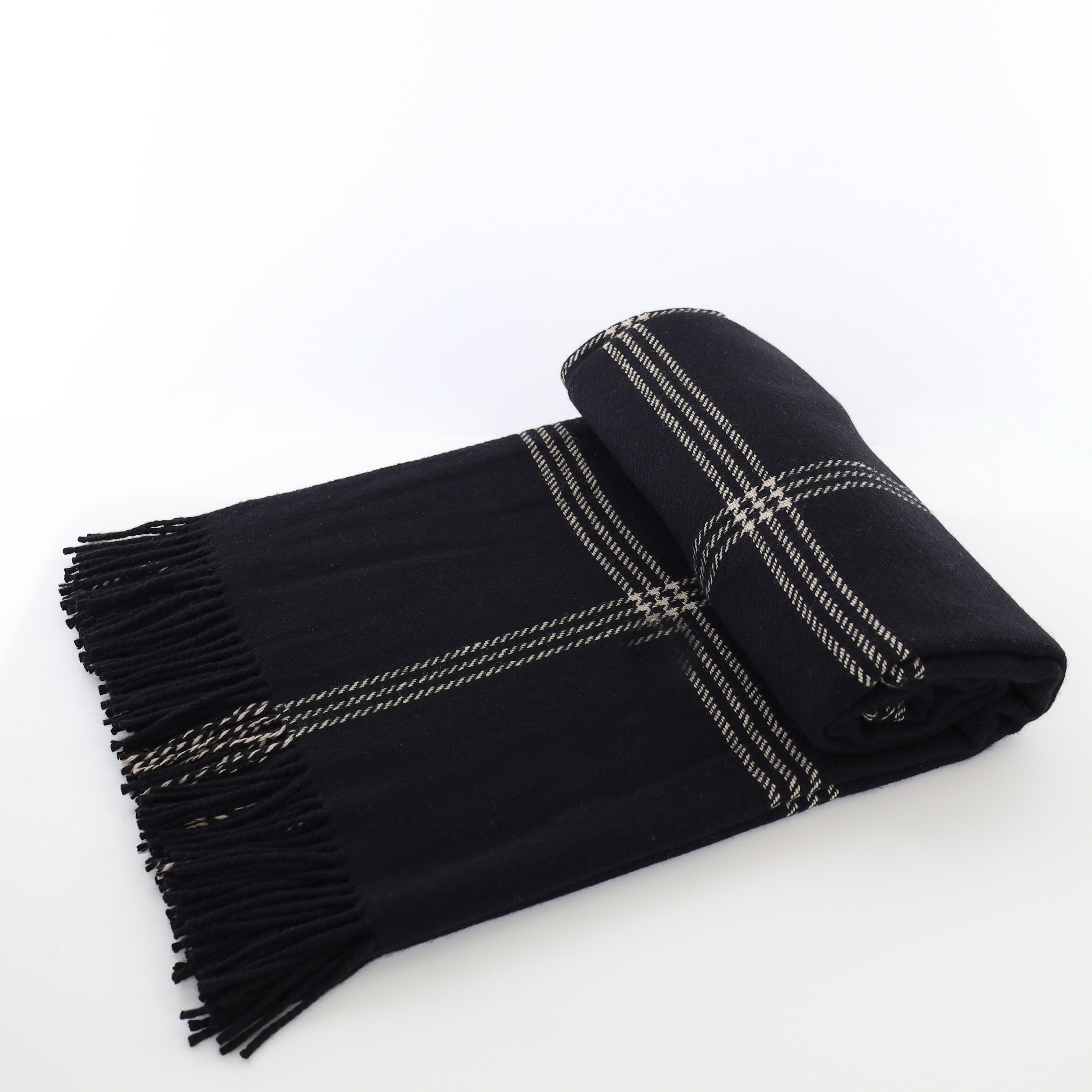 Brand New English Black and Ivory Checked Luxury Woven Cashmere Blanket