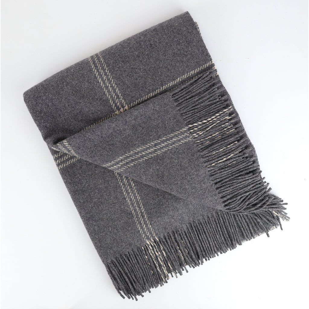 Brand New English Slate Grey and Ivory Checked Luxury Woven Cashmere Blanket