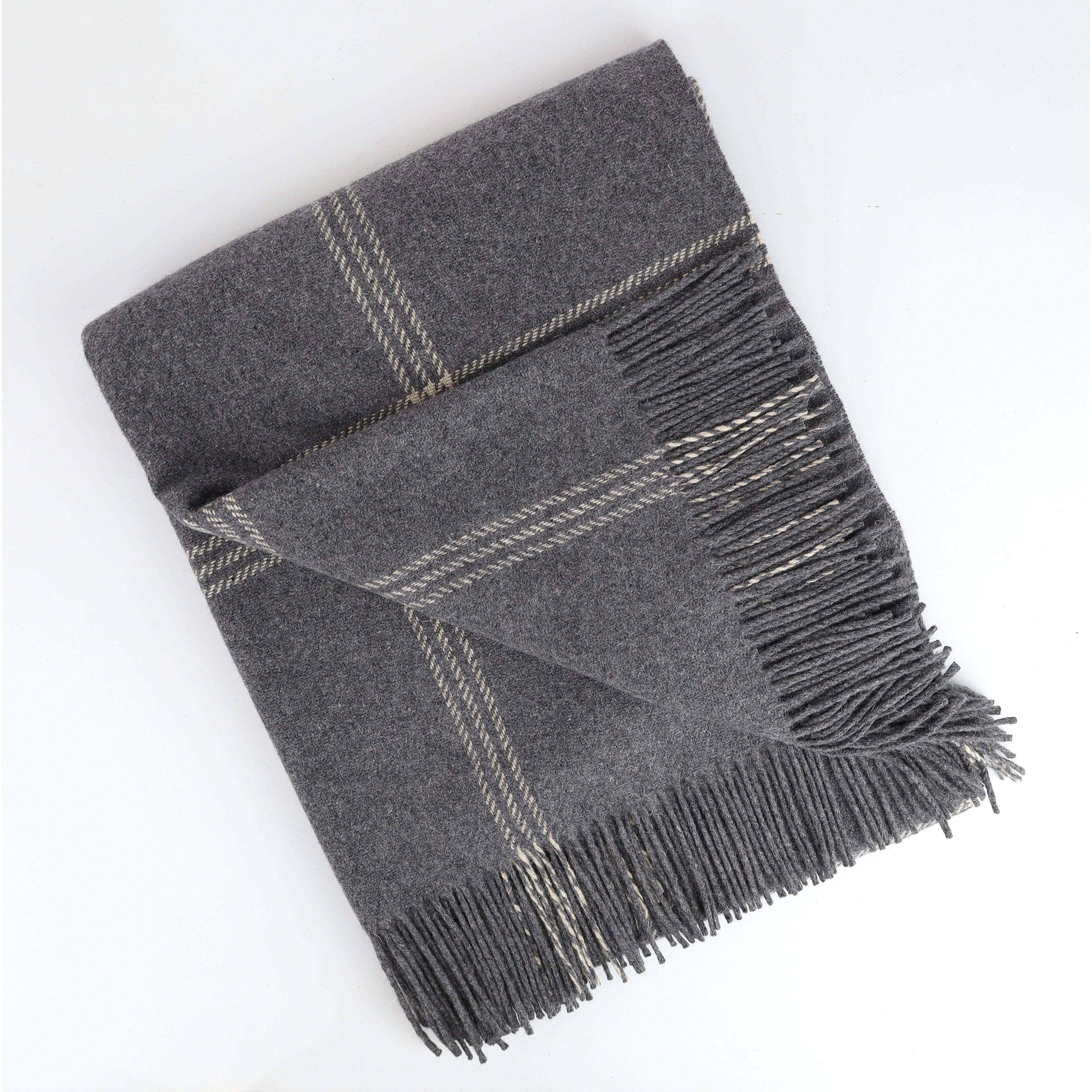 Brand New English Slate Grey and Ivory Checked Luxury Woven Cashmere Blanket