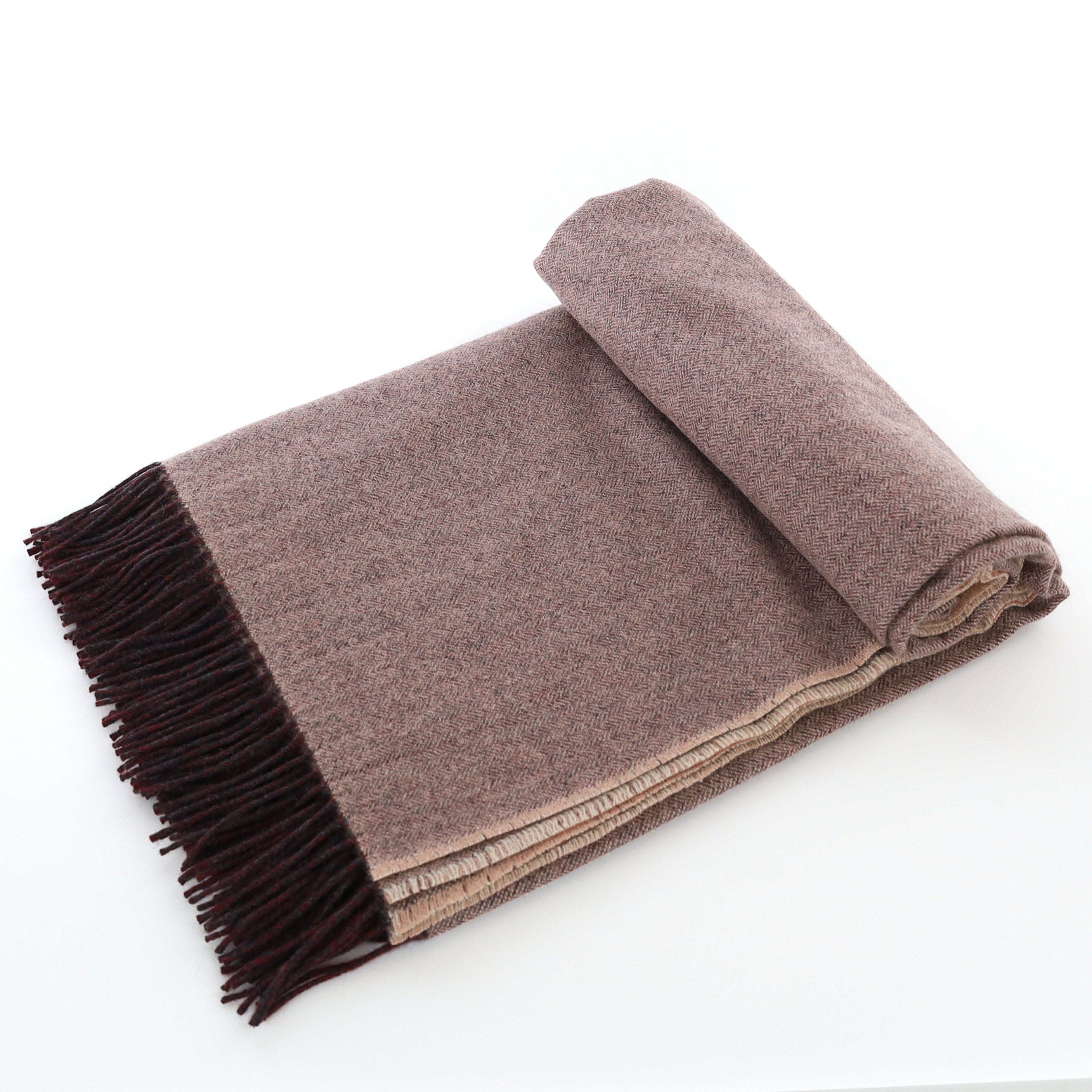 Brand New English Cedar Brown and Blush Herringbone Luxury Woven Cashmere Blanket