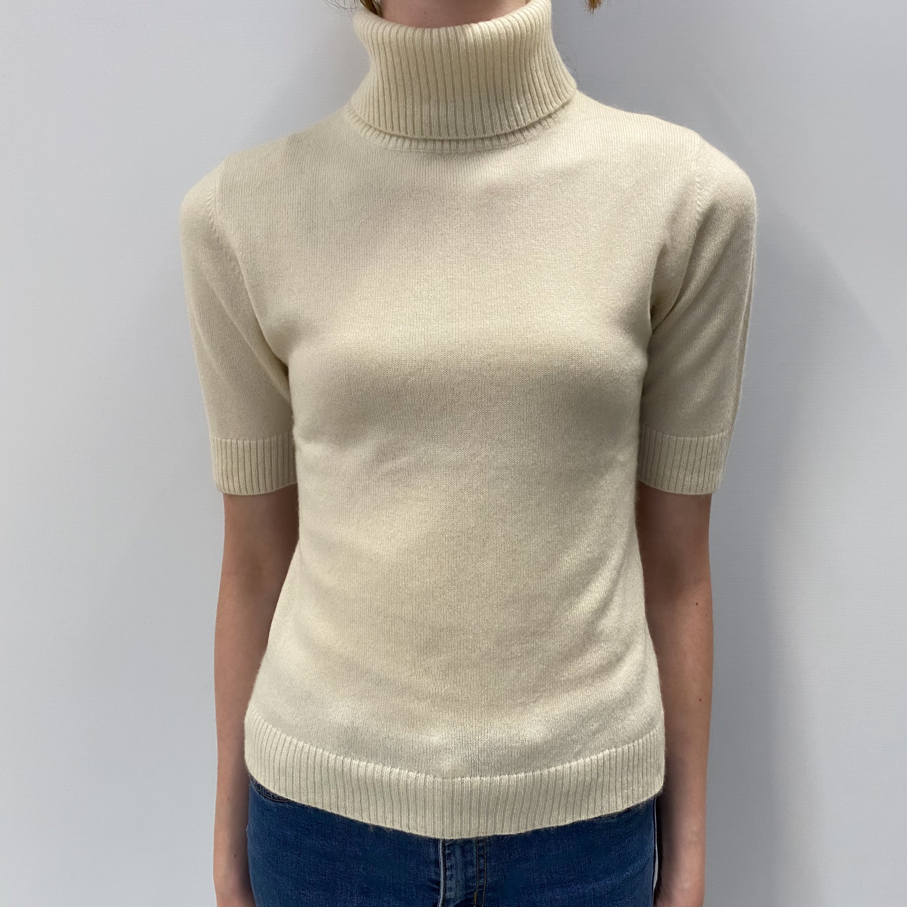 Cream Cashmere Short Sleeved Polo Neck Jumper Extra Small