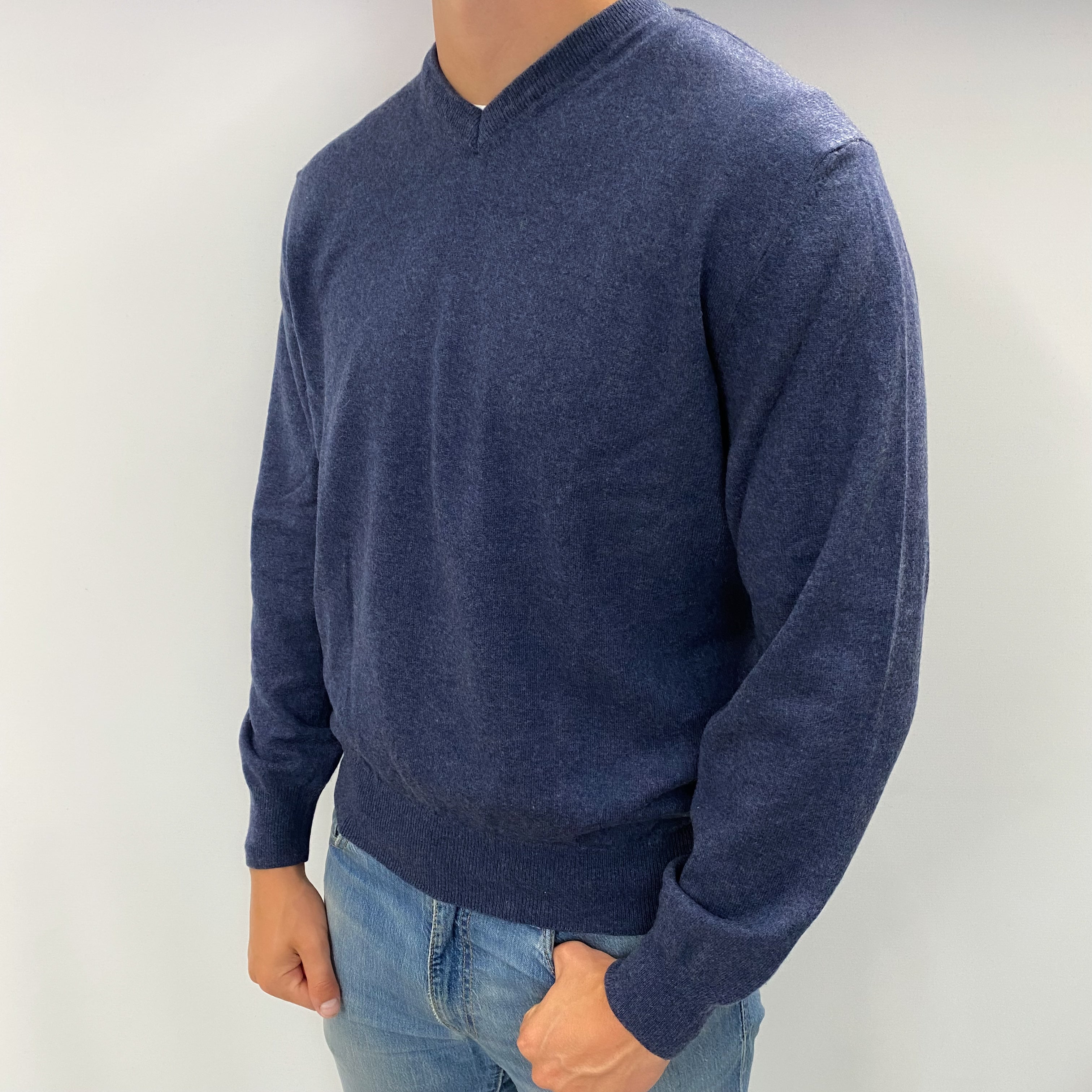 Men's Deep Denim Blue Cashmere V Neck Jumper XL