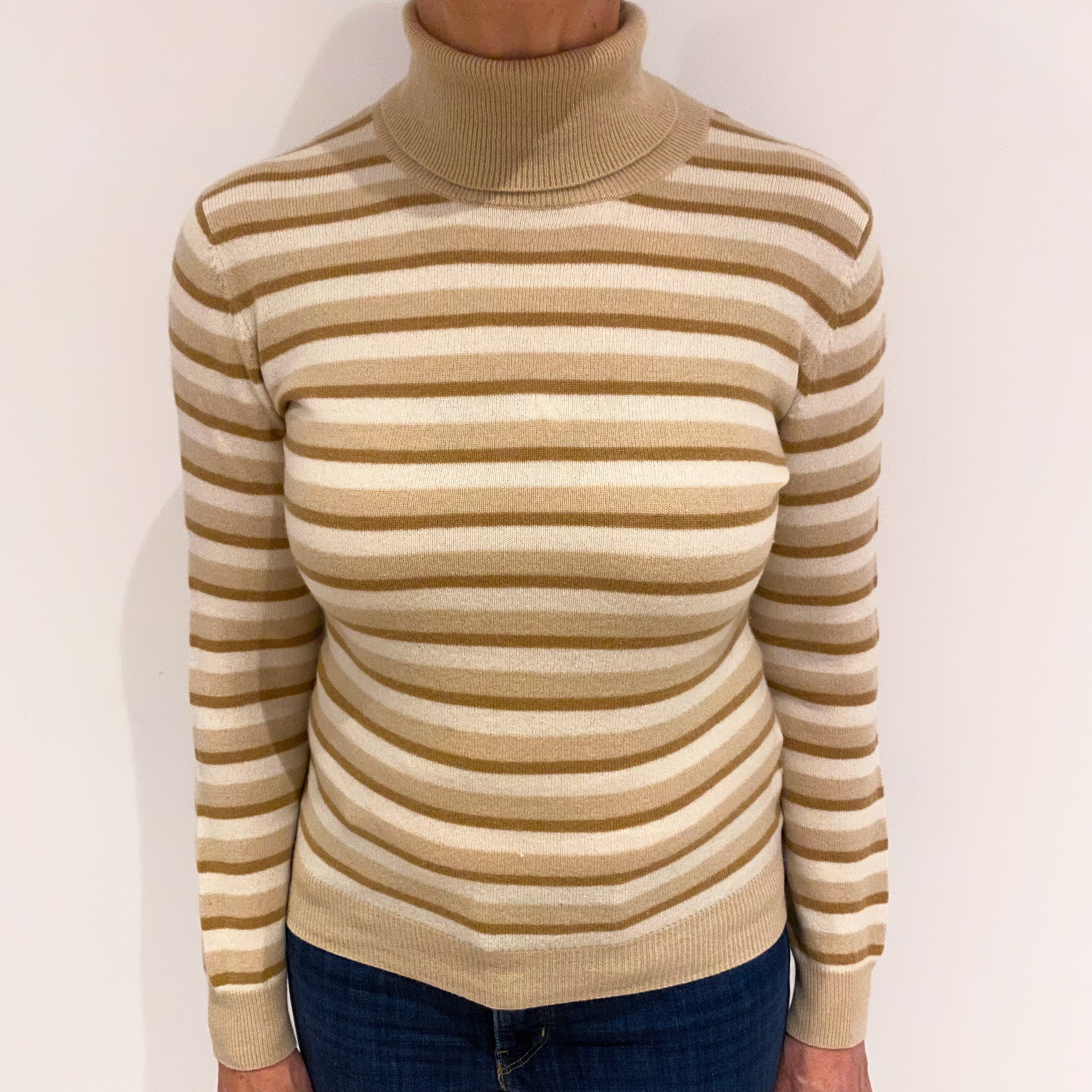 Beige Striped Cashmere Polo Neck Jumper Medium