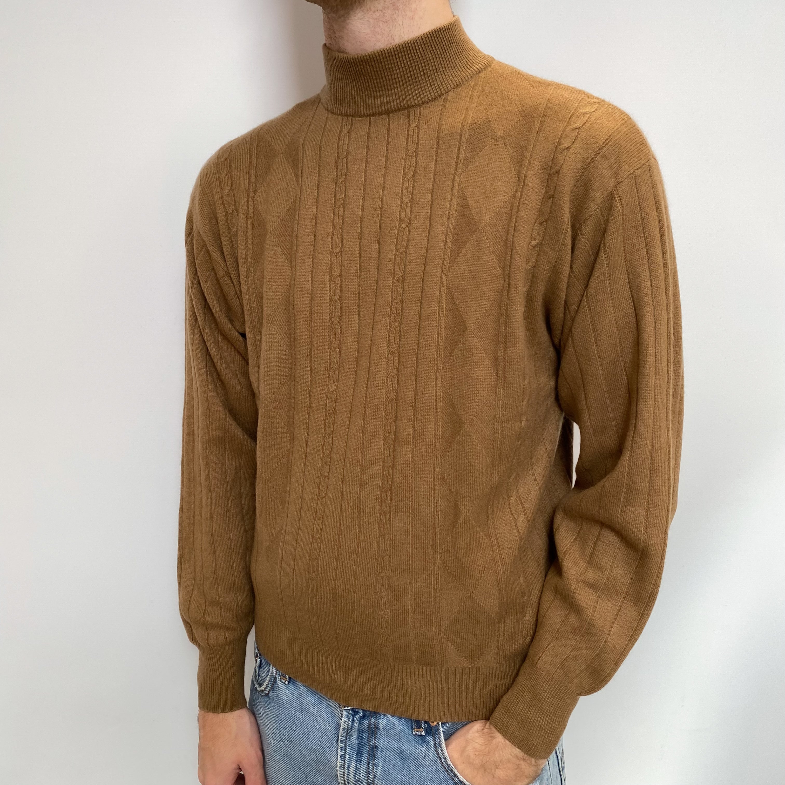 Men's Butterscotch Brown Cashmere Turtle Neck Jumper Large