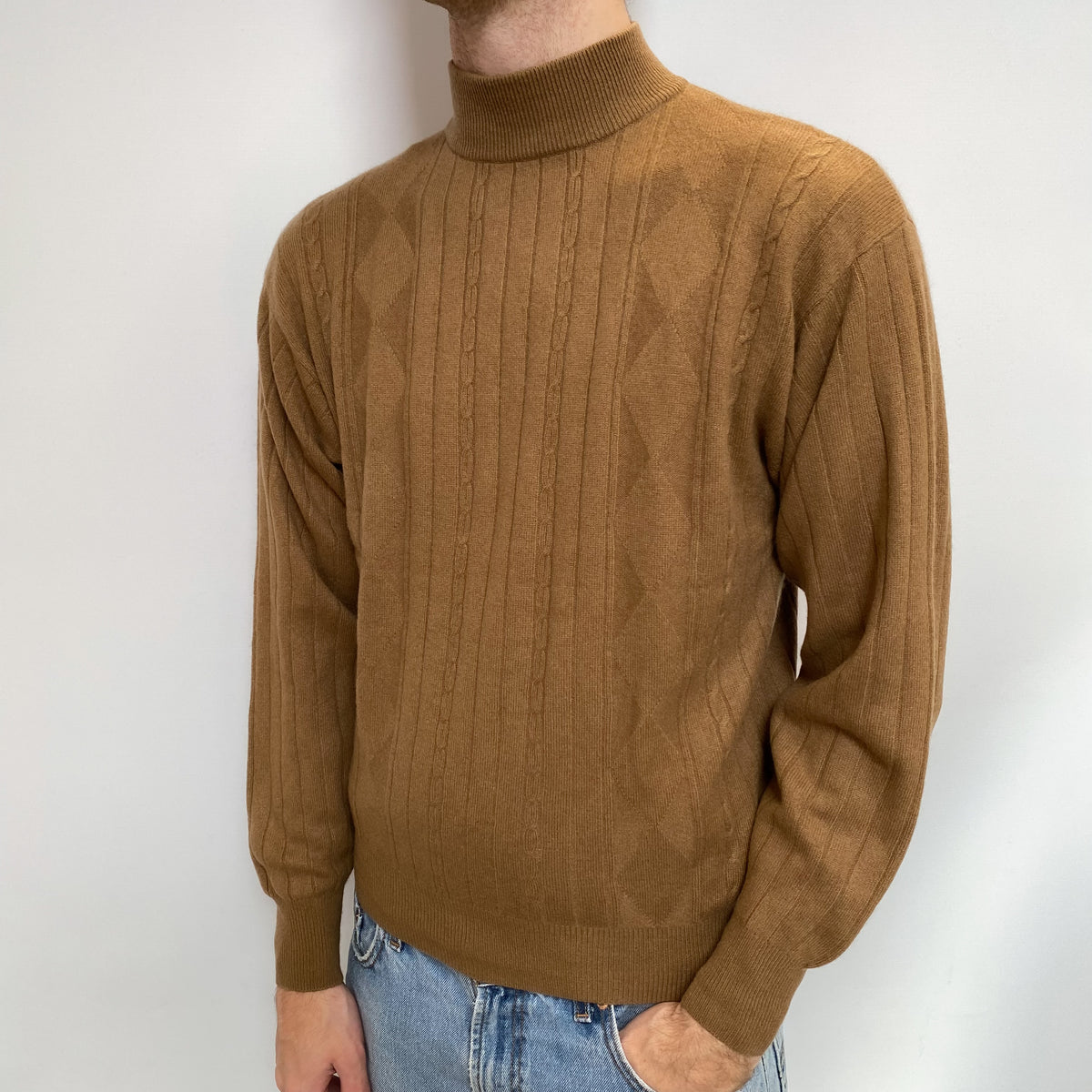 Men's Butterscotch Brown Cashmere Turtle Neck Jumper Large
